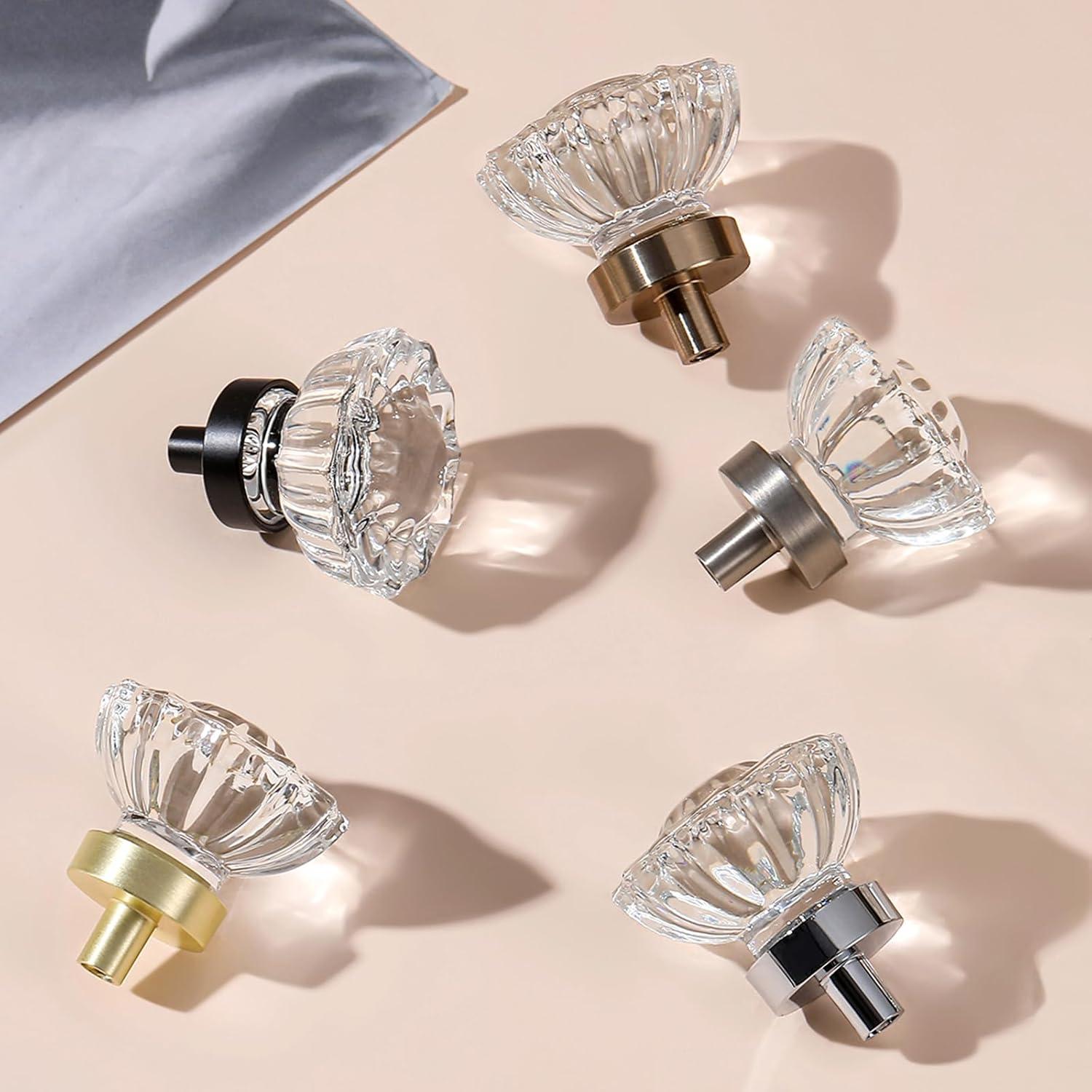 Crystal Knobs for Drawers 8 Pack Brushed Gold Glass Knob, Vintage Cabinet Antique Pulls for Drawer Closet Dresser Cupboard, 1.5 Inch Satin Brass Base Decorative Flower Cabinets Knobs Set Hardware