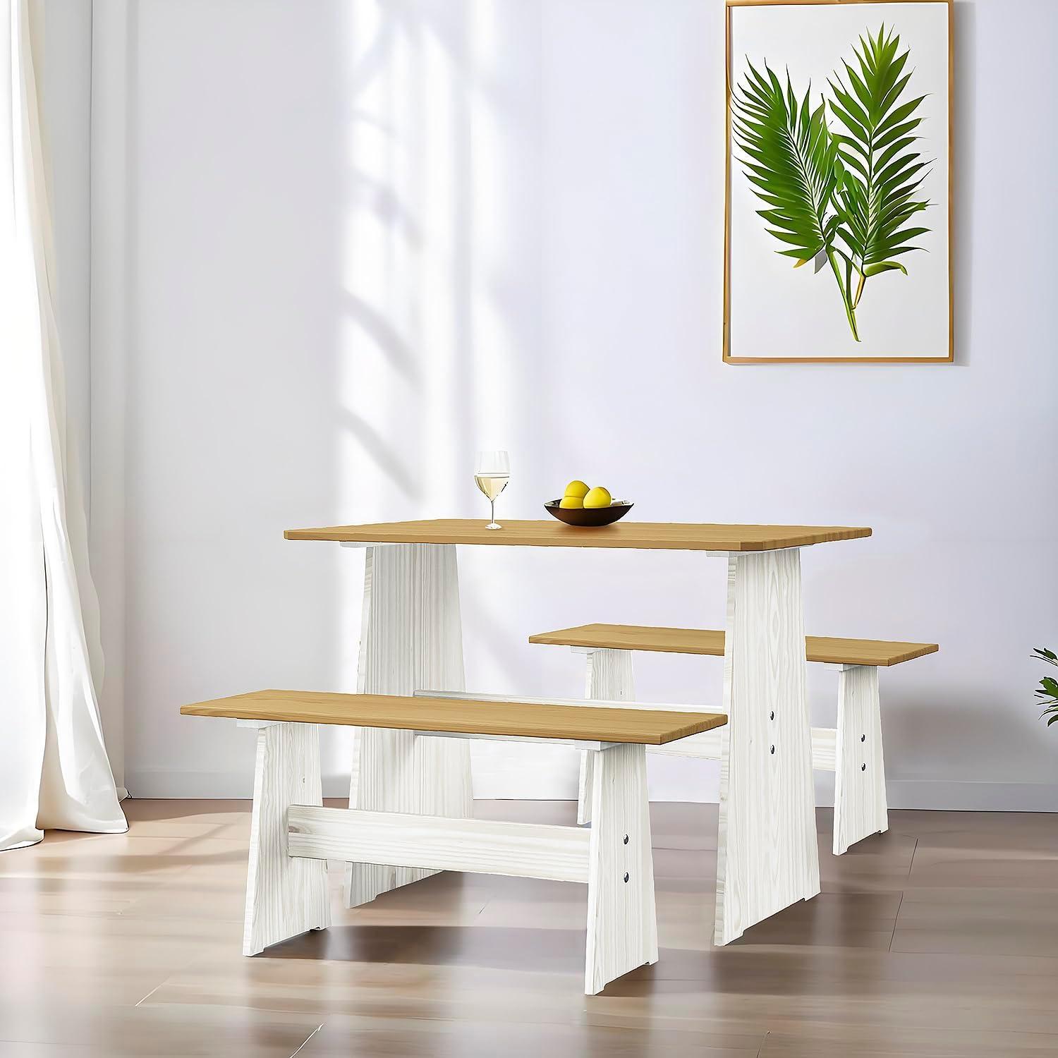 Urban Home Furniture Chapman 3 Piece Casual Dining 2-Tone Natural/White Solid Pine Wood Kitchen Table Set with 2 Benches, Kitchen Dining Set