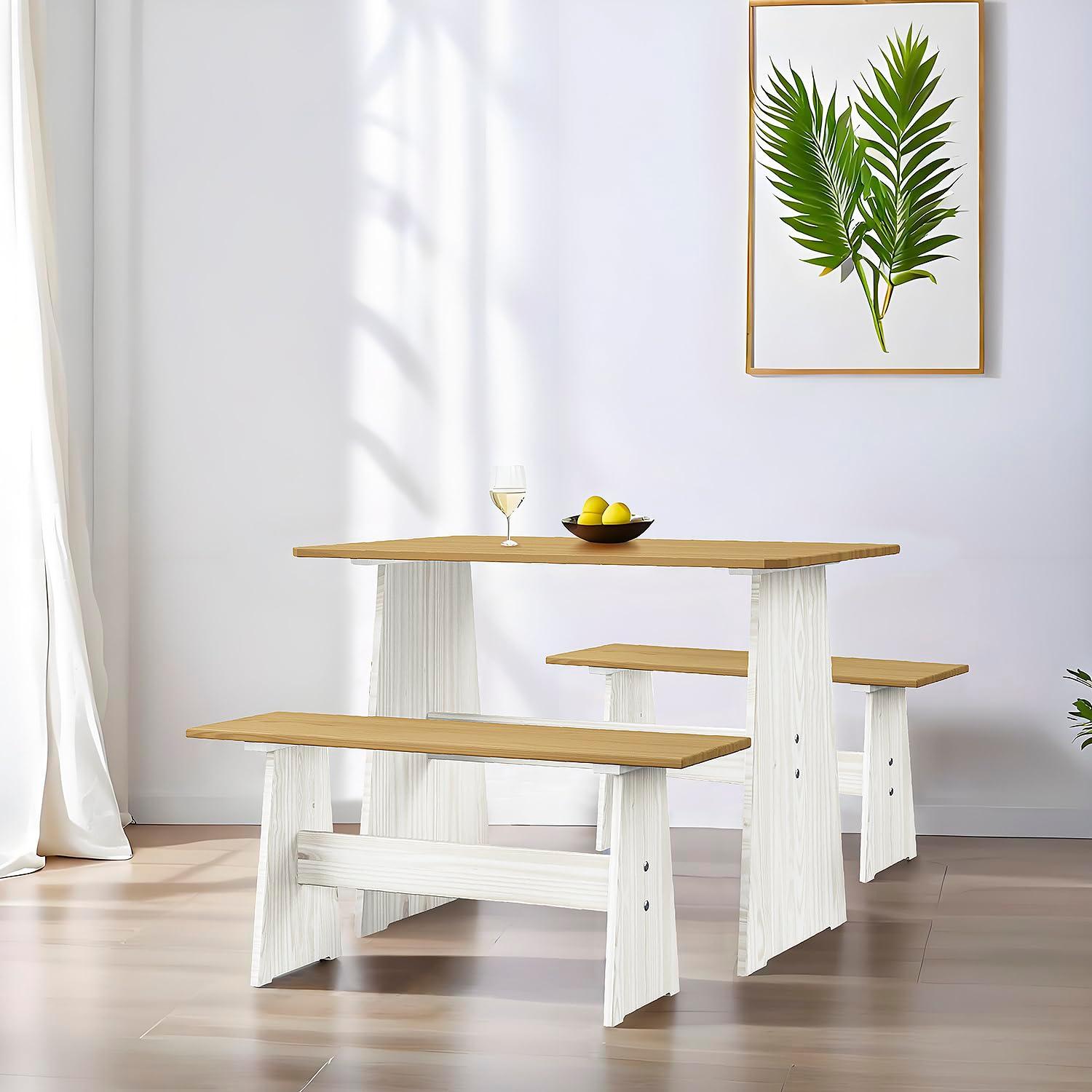 Urban Home Furniture Chapman 3 Piece Casual Dining 2-Tone Natural/White Solid Pine Wood Kitchen Table Set with 2 Benches, Kitchen Dining Set