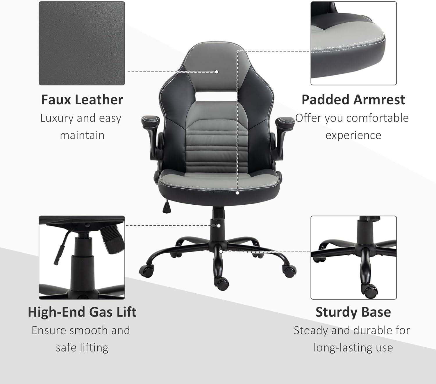 Vinsetto Ergonomic Gaming Chair, Racing Style Computer Chair, Executive Home Office Desk Chair with Faux PU Leather, Tilt, Swivel Wheels, Black / Gray