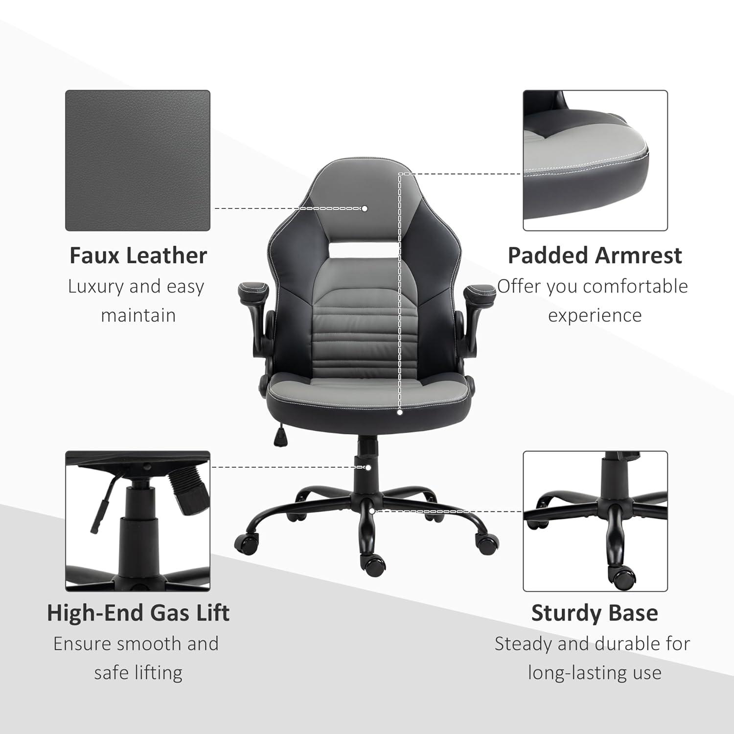 Vinsetto Ergonomic Gaming Chair, Racing Style Computer Chair, Executive Home Office Desk Chair with Faux PU Leather, Tilt, Swivel Wheels, Black / Gray