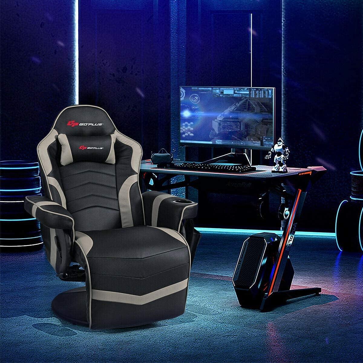 Costway Massage Gaming Recliner Reclining Racing Chair Swivel Gray