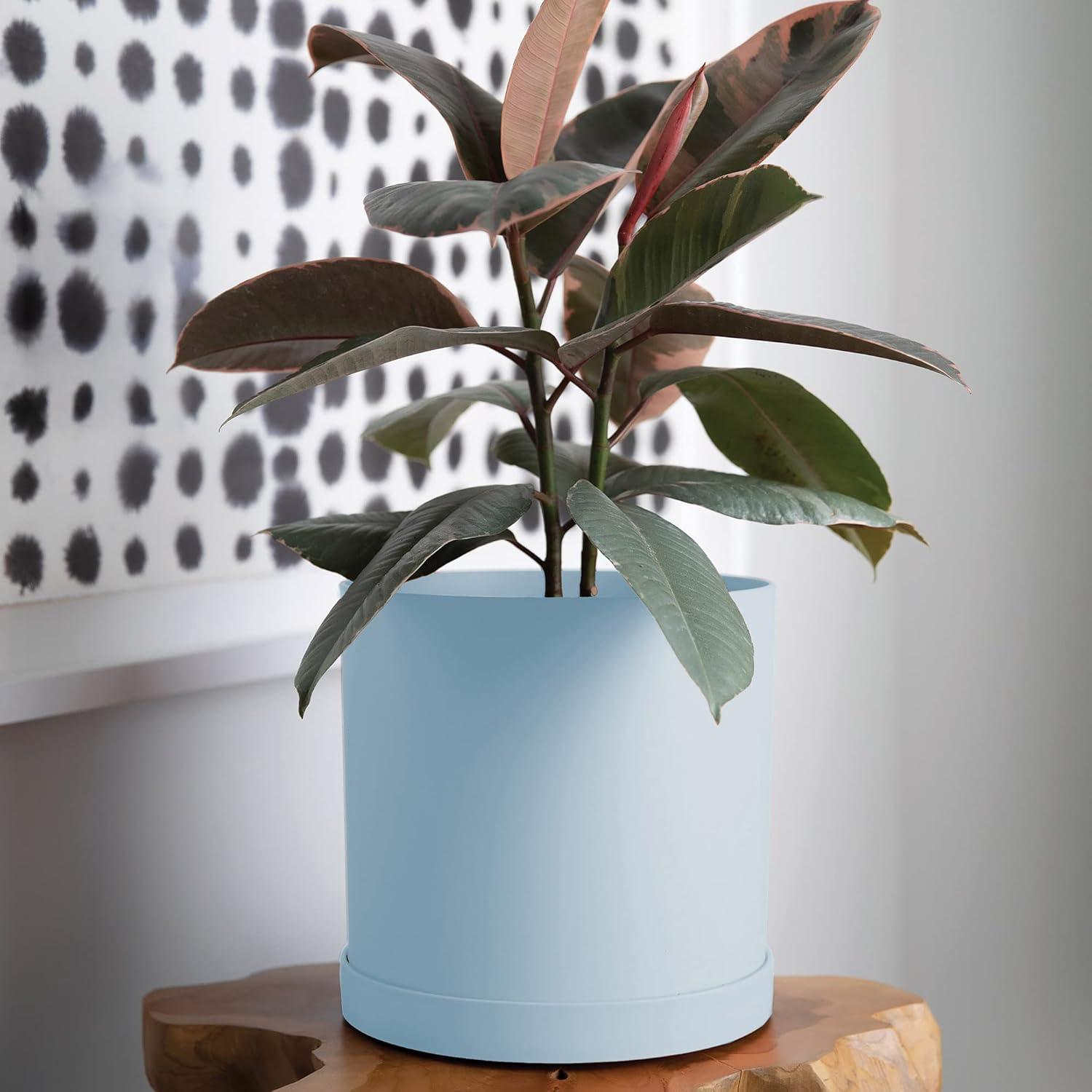 Misty Blue Modern Round Resin Planter with Saucer - 18 in.