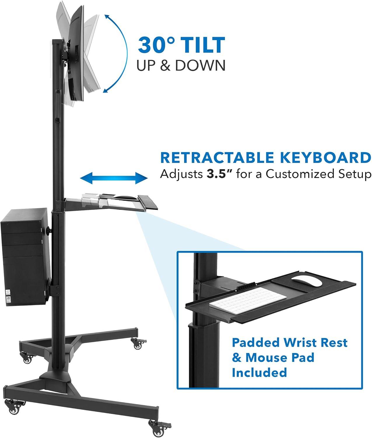 Mount-It! Adjustable Mobile Standing PC Workstation & Computer Cart with Adjustable Keyboard Tray and CPU Holder | Fits Monitors 13 to 32 in.