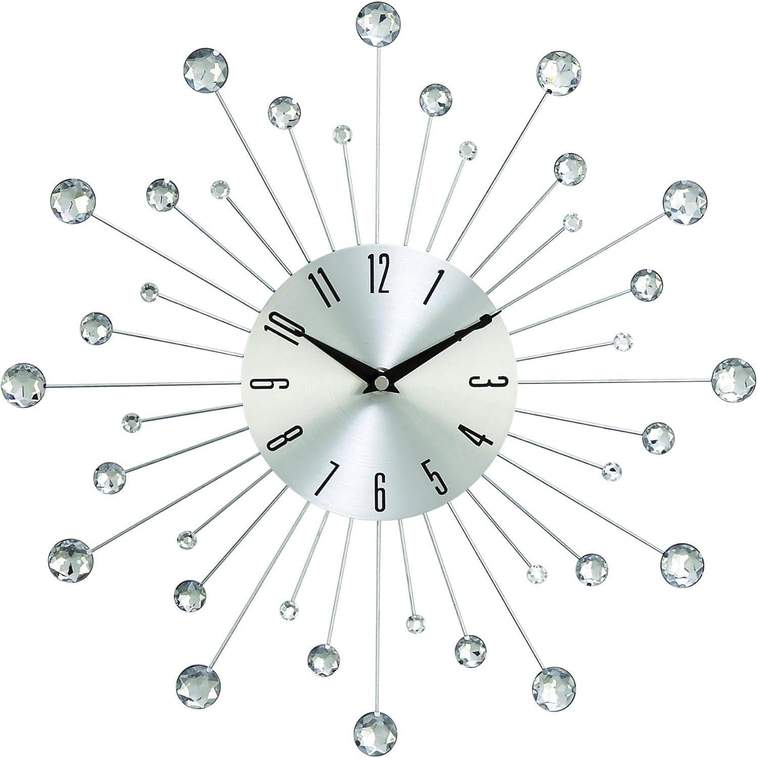 Silver Metal Starburst Wall Clock with Crystal Accents