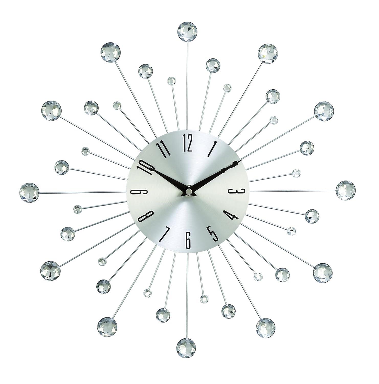 DecMode 15" Silver Metal Starburst Wall Clock with Crystal Accents