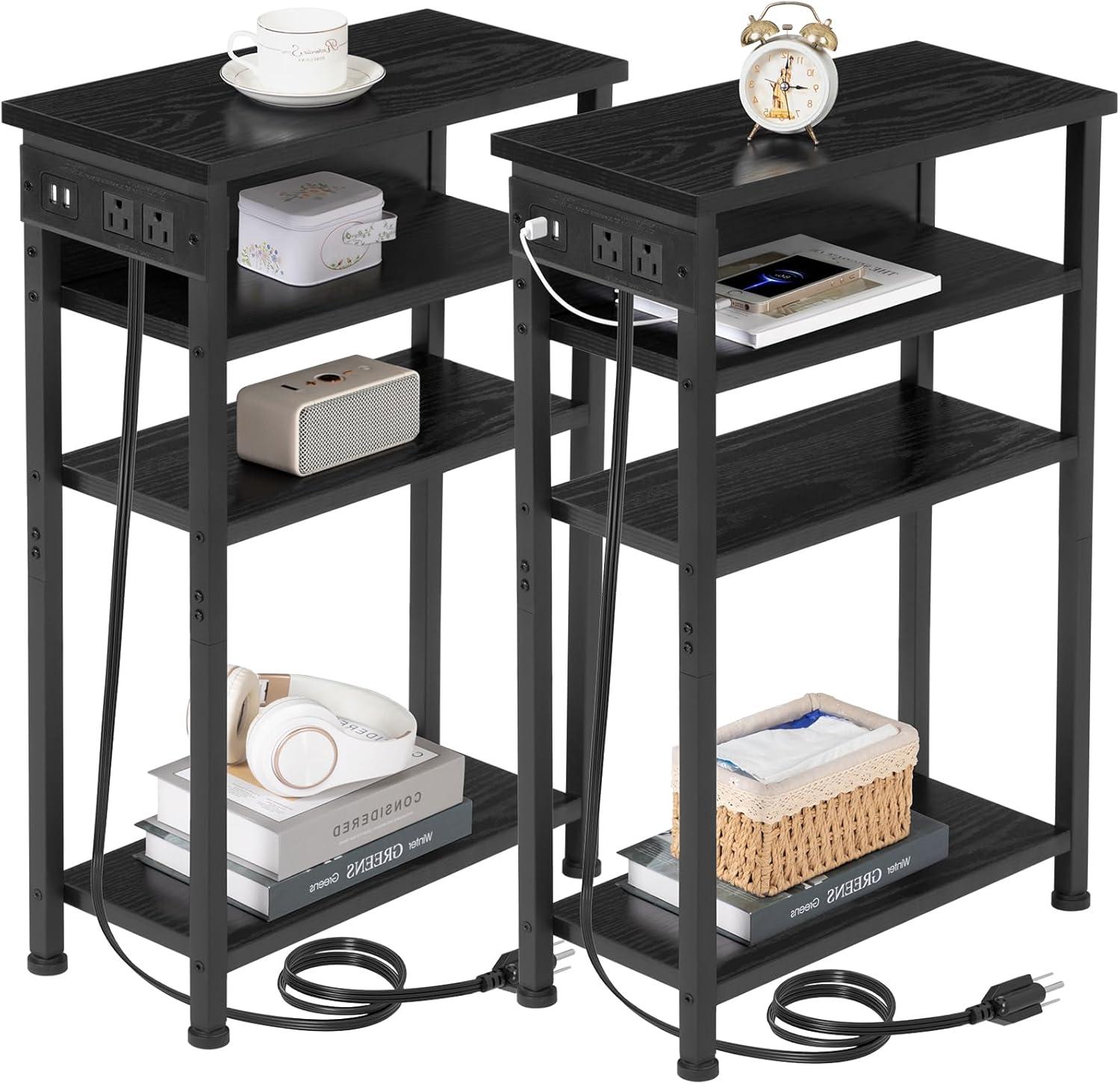 End Table Set of 2 with Charging Station and USB Ports, 3-Tier Nightstands with Adjustable Shelf, Small Side Tables for Small Space in Living Room, Bedroom and Balcony, Black BB112BZP201