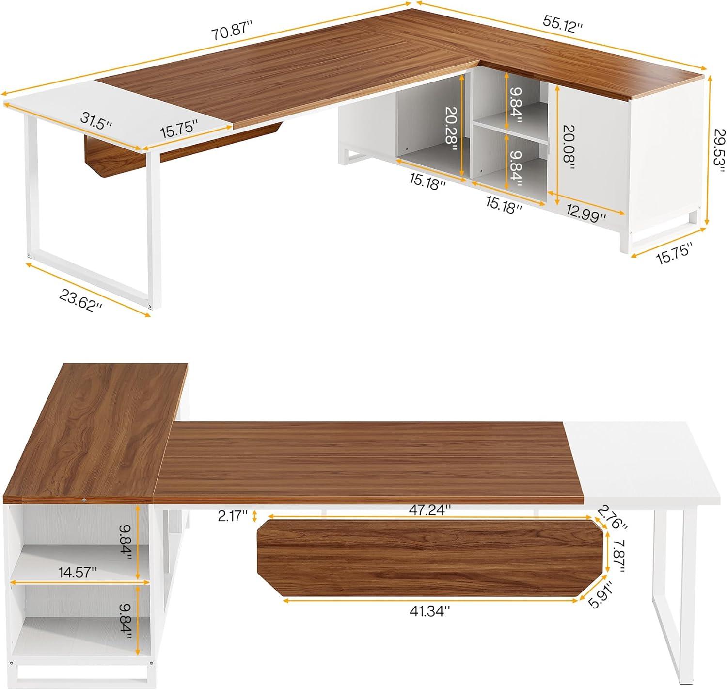 Tribesigns 70.8" Executive Desk with 55" File Cabinet, Industrial L Shaped Computer Desk, Large Executive Desk for Home Office, Walnut & White