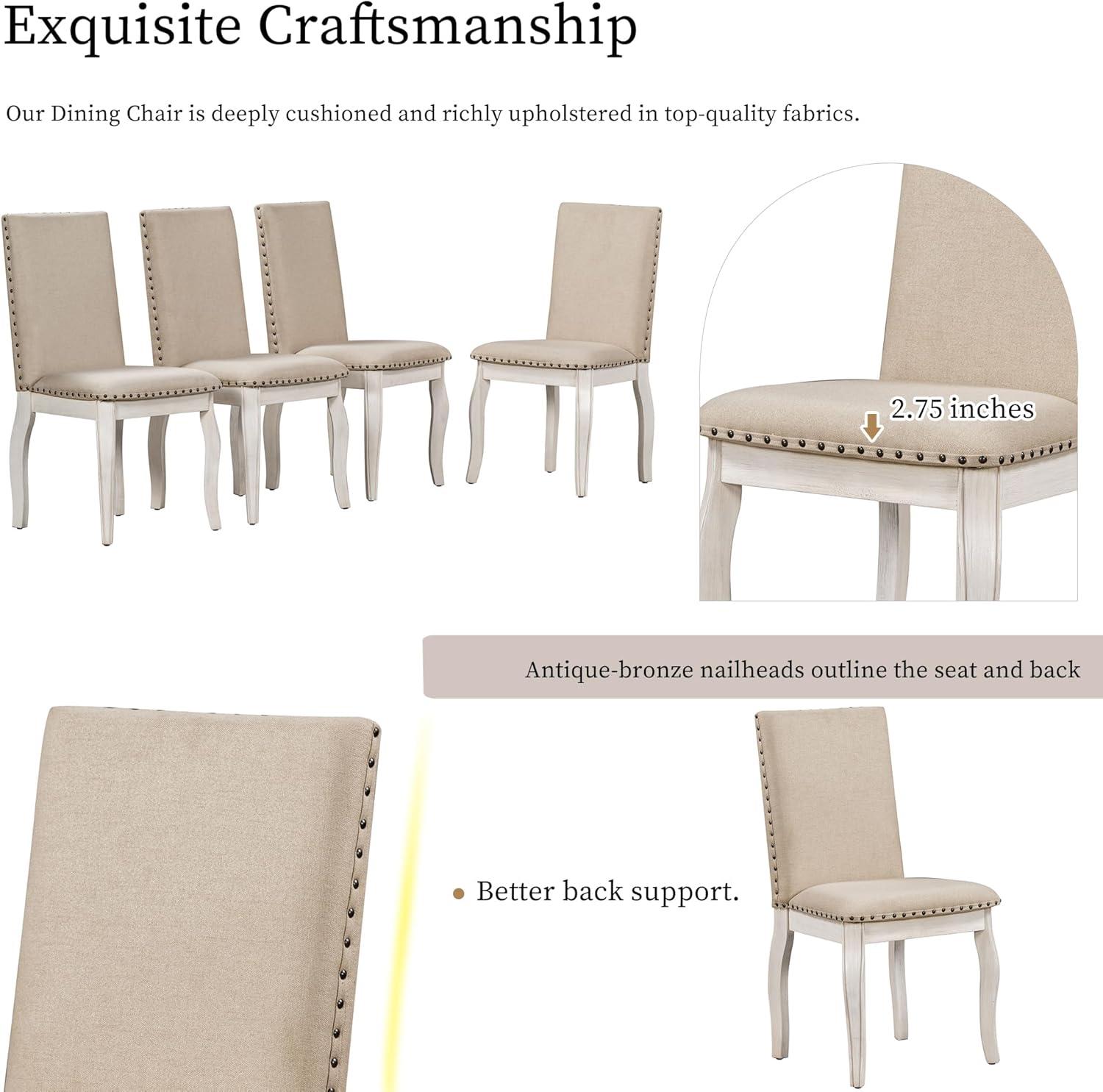 Prehome 5-Piece Farmhouse Dining Table Set Wood Round Extendable Dining Table and 4 Upholstered Dining Chairs (Oak Natural Wood + Antique White)