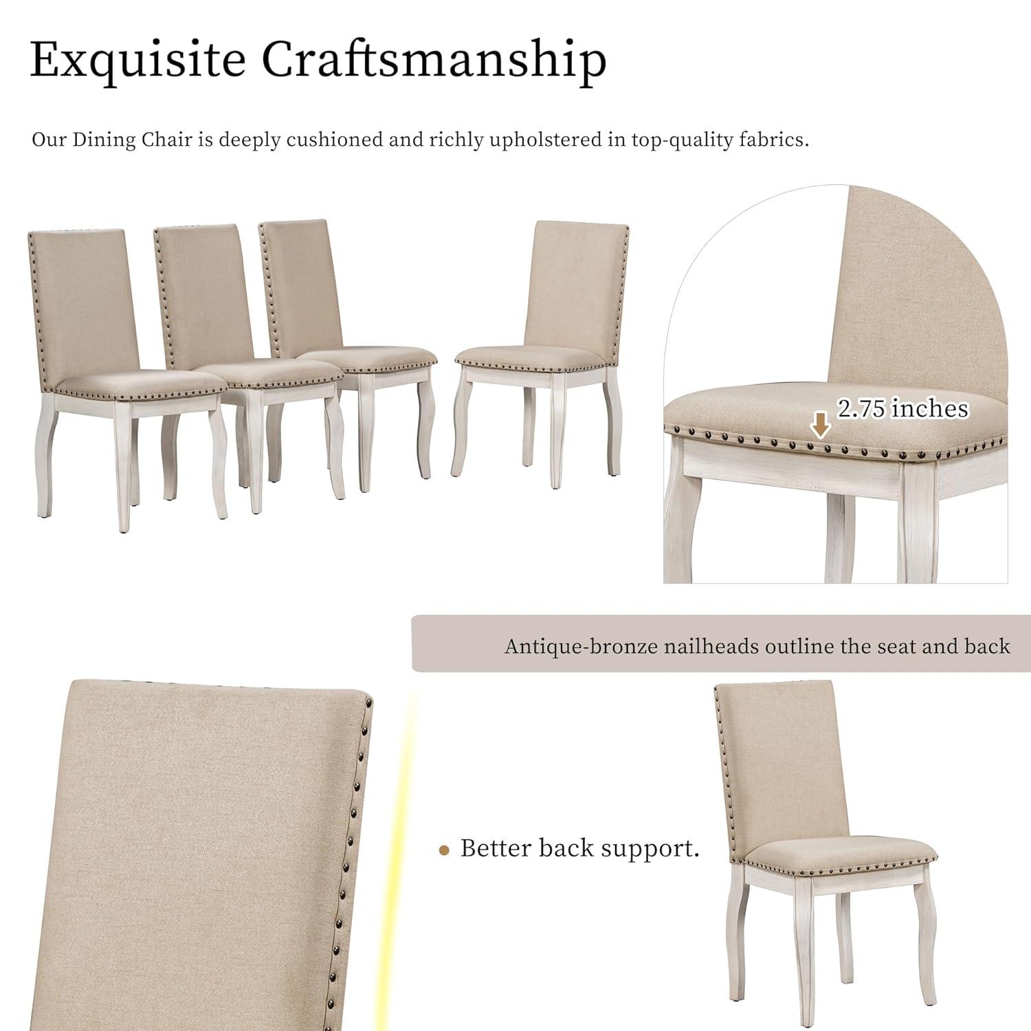 Prehome 5-Piece Farmhouse Dining Table Set Wood Round Extendable Dining Table and 4 Upholstered Dining Chairs (Oak Natural Wood + Antique White)