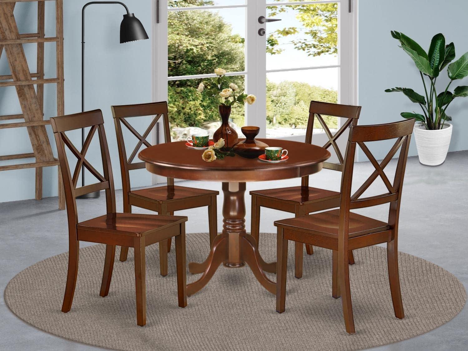 Contemporary Mahogany Dining Set - 42 Round Table & 4 Wood Seat Chairs - Elegant Design, Durable Hardwood, Budget-Friendly"