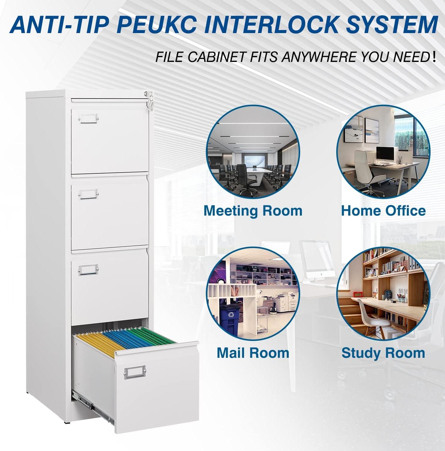 4 Drawer File Cabinet, 17.8" D Metal Filing Cabinets with Lock, Vertical Filing Cabinet for Home Office, Steel File Cabinet for Letter/Legal/A4/F4 Size, Easy Assemble (White)