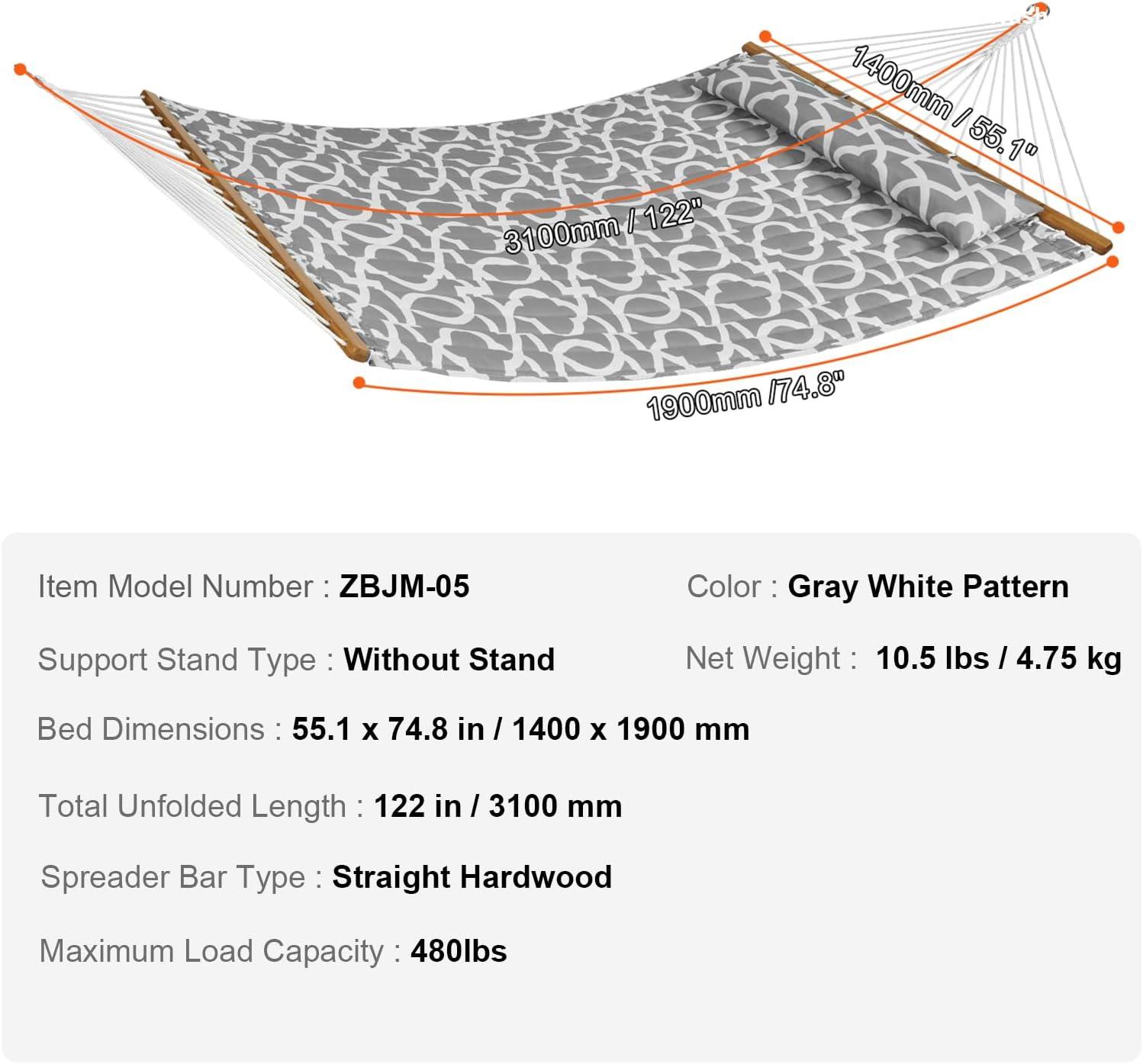 Double Quilted 12 FT Hammock for 2 Persons, Hardwood Spreader Bars, 480 lbs Capacity, with Detachable Pillow and Chains - Ideal for Outdoor Camping, Patio, Beach, and Yard Relaxation