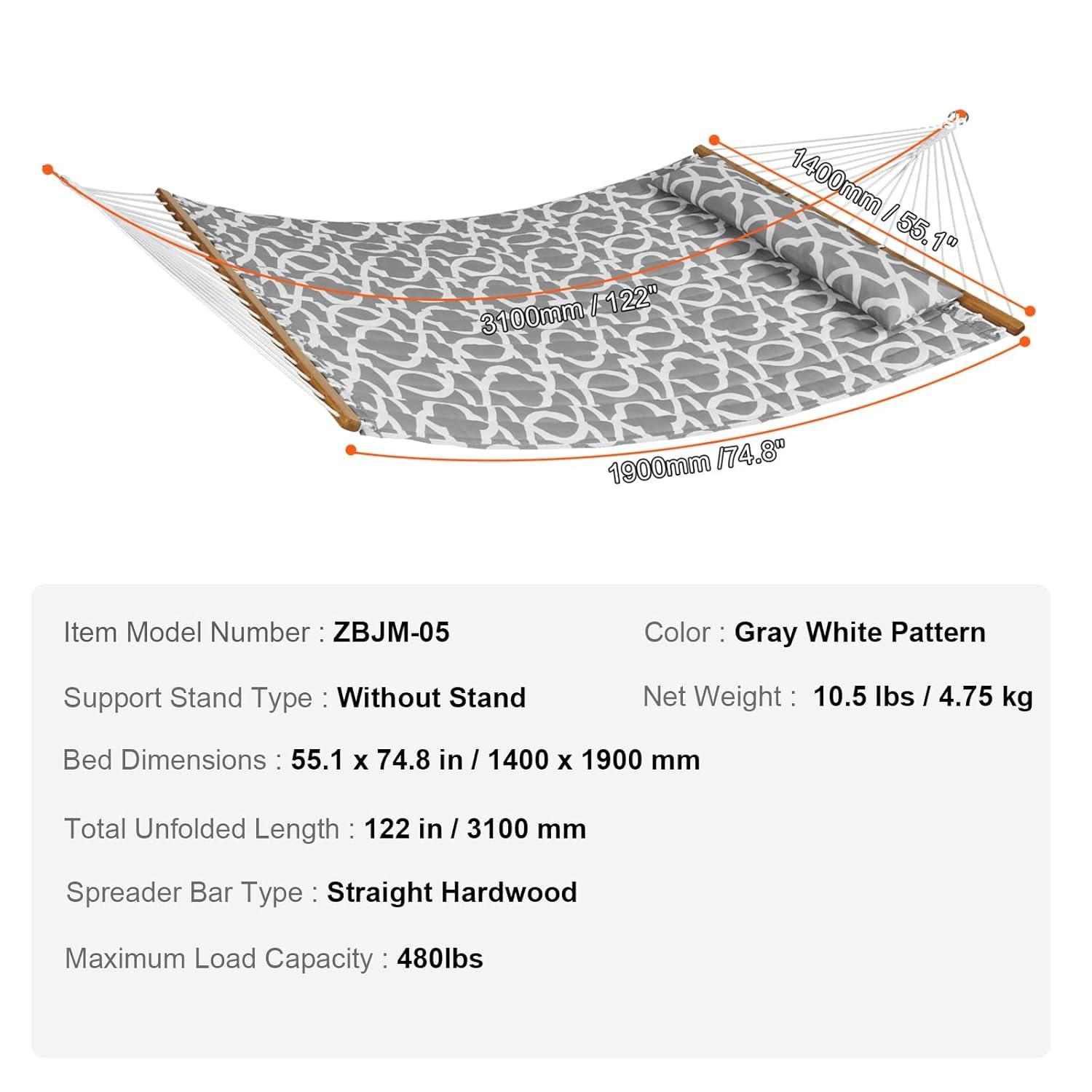 Double Quilted 12 FT Hammock for 2 Persons, Hardwood Spreader Bars, 480 lbs Capacity, with Detachable Pillow and Chains - Ideal for Outdoor Camping, Patio, Beach, and Yard Relaxation