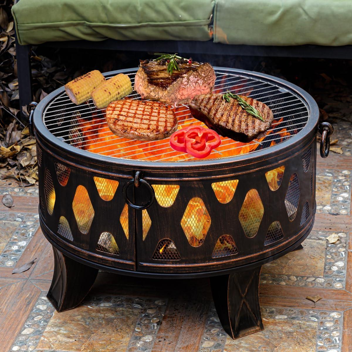 26" Black Steel Outdoor Fire Pit with Cooking Grill and Spark Screen