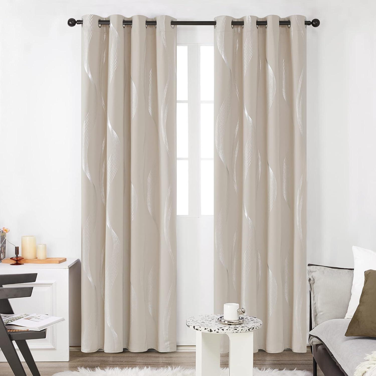 Deconovo Silver Wave Room Darkening Grommet Curtains (2 Panels) Light Beige 52W x 84L