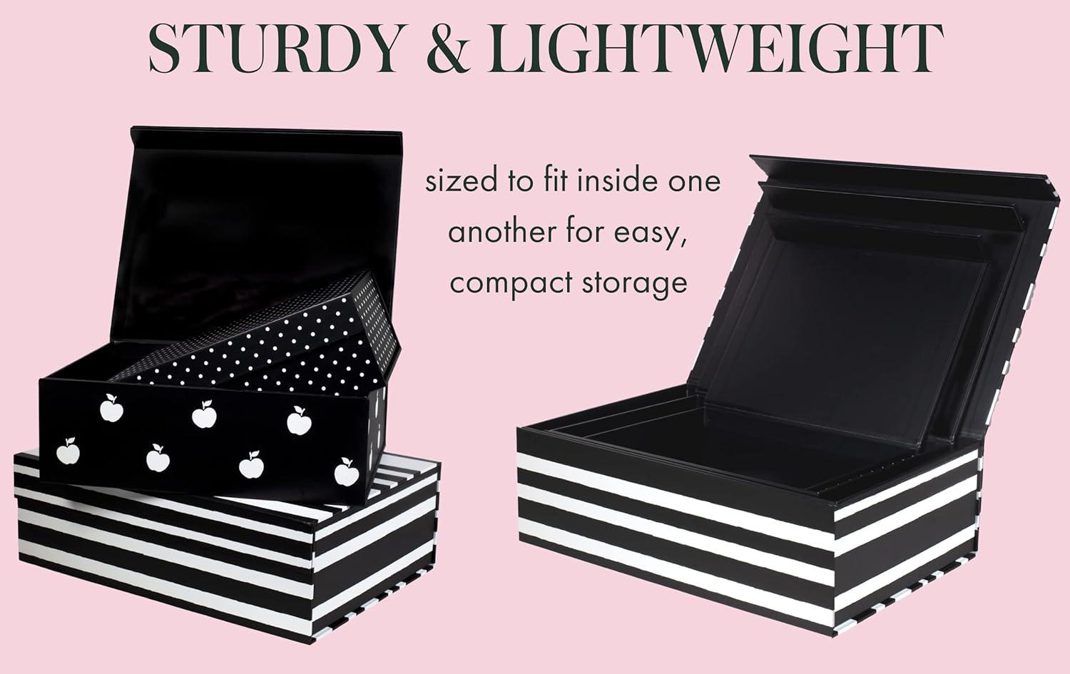 Kate Spade New York Decorative Storage Boxes with Lids, 3 Pack Sturdy Organizer Storage Bins, Includes Small Medium Large Pink Nesting Boxes with Magnetic Closure, Dots and Stripes