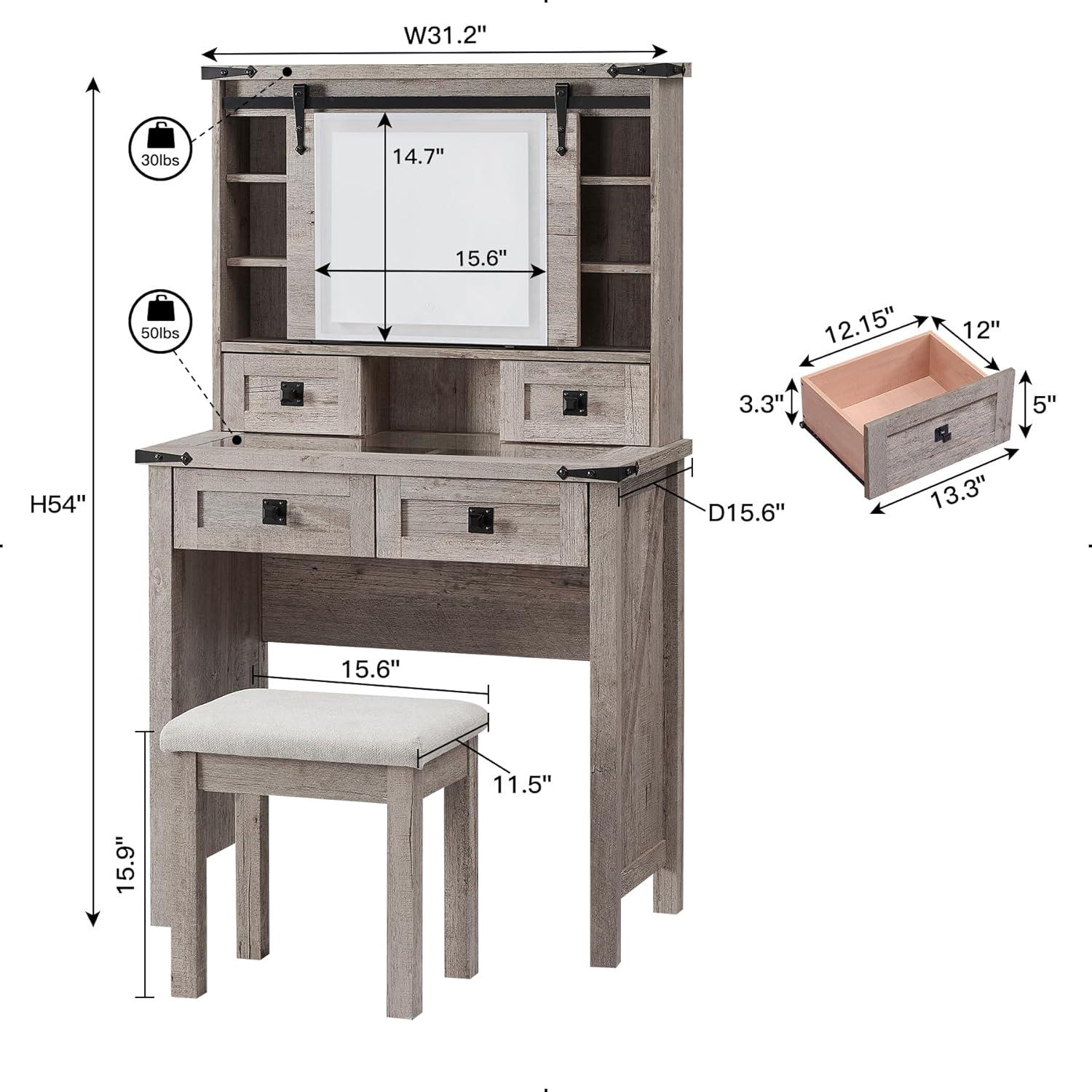 OKD Rustic Vanity Set with Adjustable Lights Sliding Mirror, Farmhouse Wood Vanity Makeup Desk Set with Stool for Bedroom, Light Rustic Oak