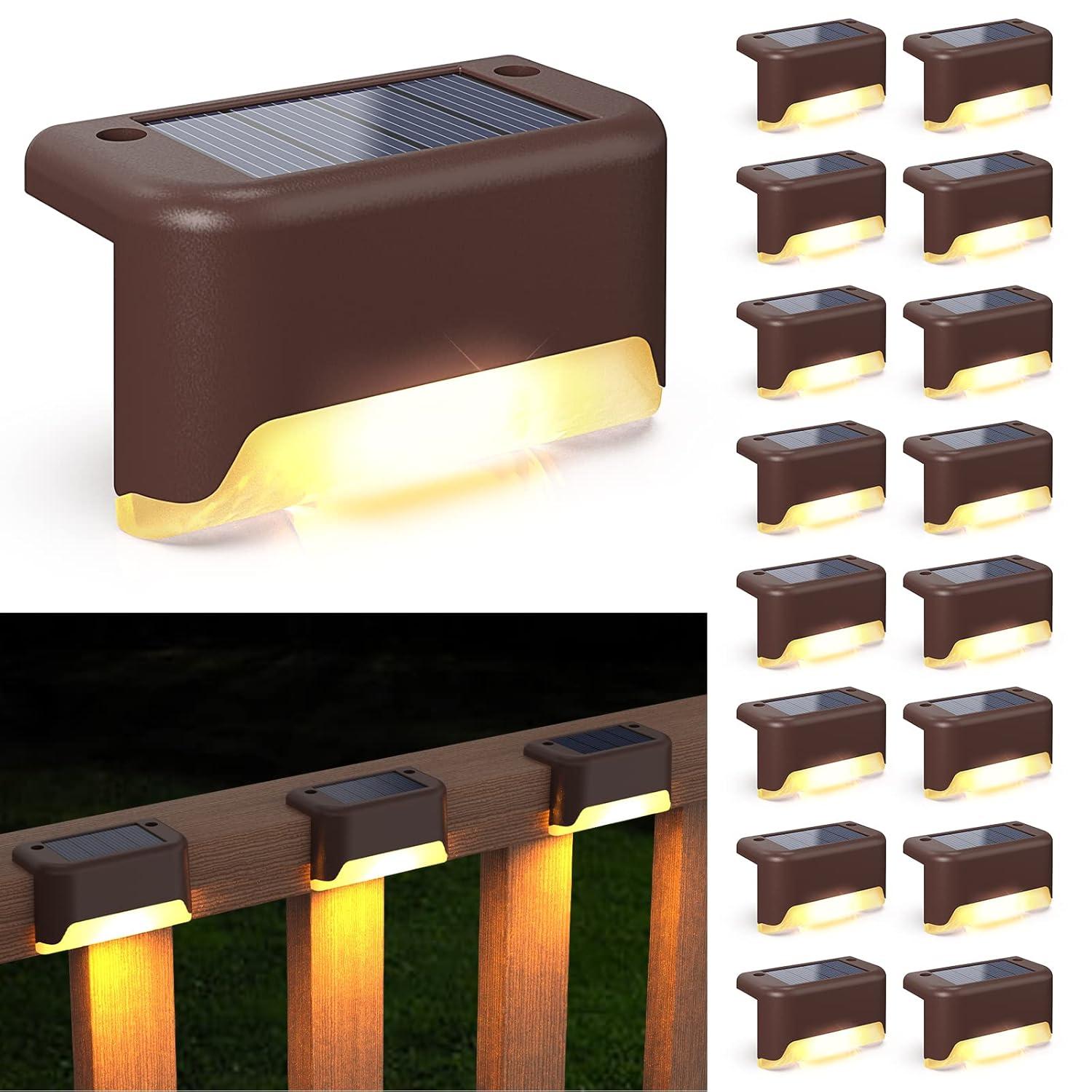 APONUO Solar Deck Lights 16 Pcs, Step Lights Outdoor Waterproof Led Solar Fence Lamp for Steps,Fence,Deck,Railing and Stairs (Warm White)