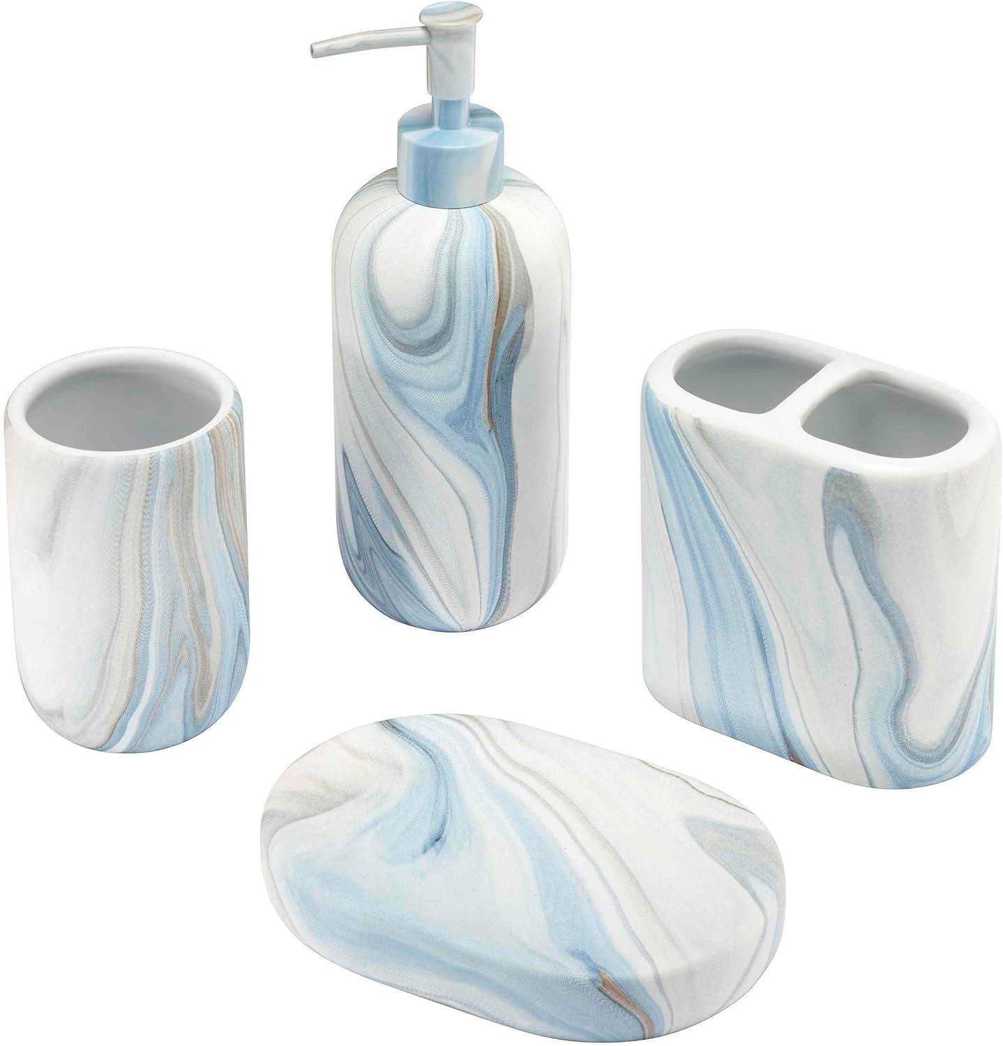 Blue and White Ceramic 4-Piece Marble Bath Set