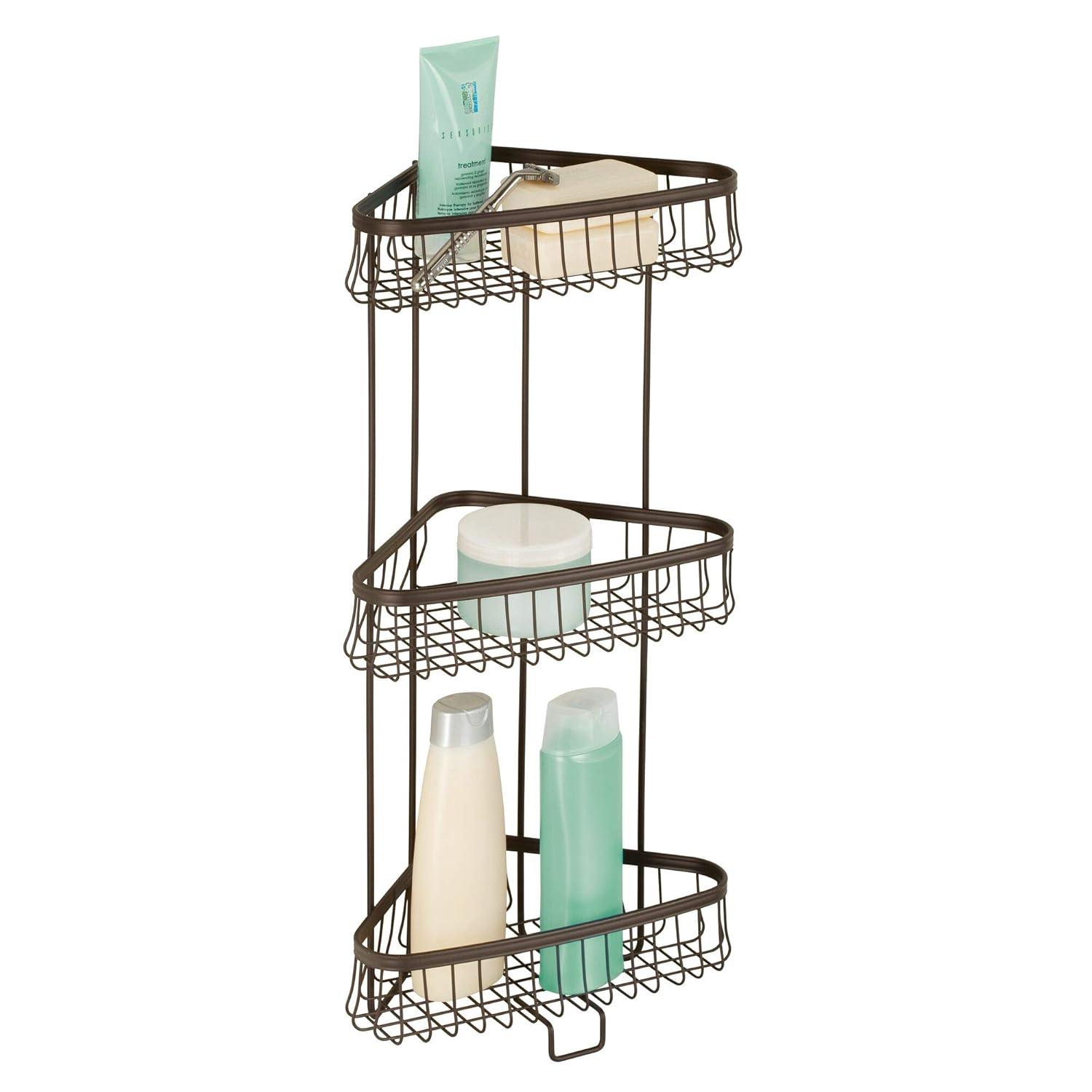 InterDesign iDesign York Metal Wire Corner Standing Shower Caddy 3-Tier Bath Shelf Baskets for Towels, Soap, Shampoo, Lotion, Accessories, Bronze
