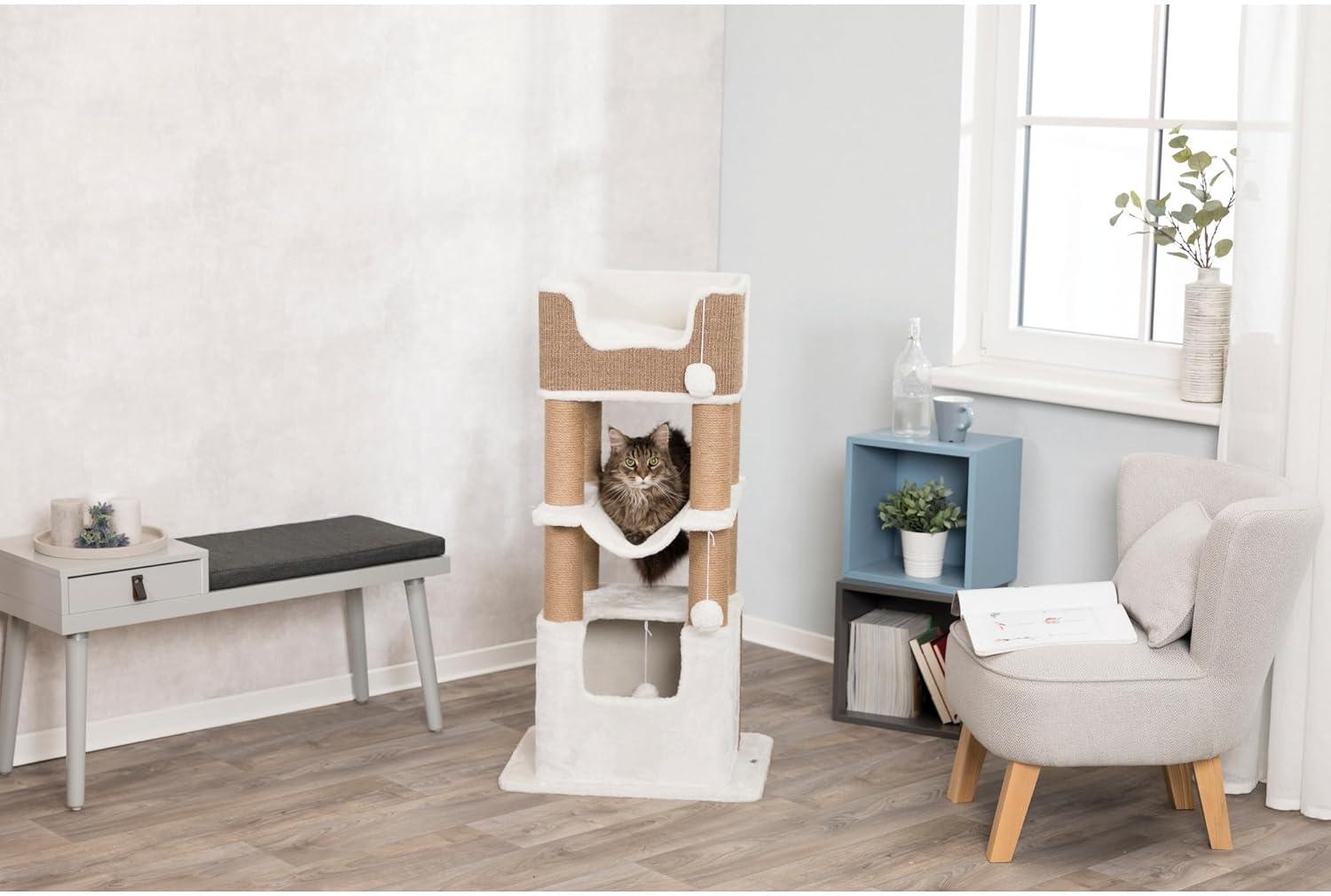 TRIXIE TRIXIE Lucano 43.3" XXL Cat Tree - Sisal Scratching Posts, Plush Covered House, Cat Beds, Platforms, Two Hanging Toys