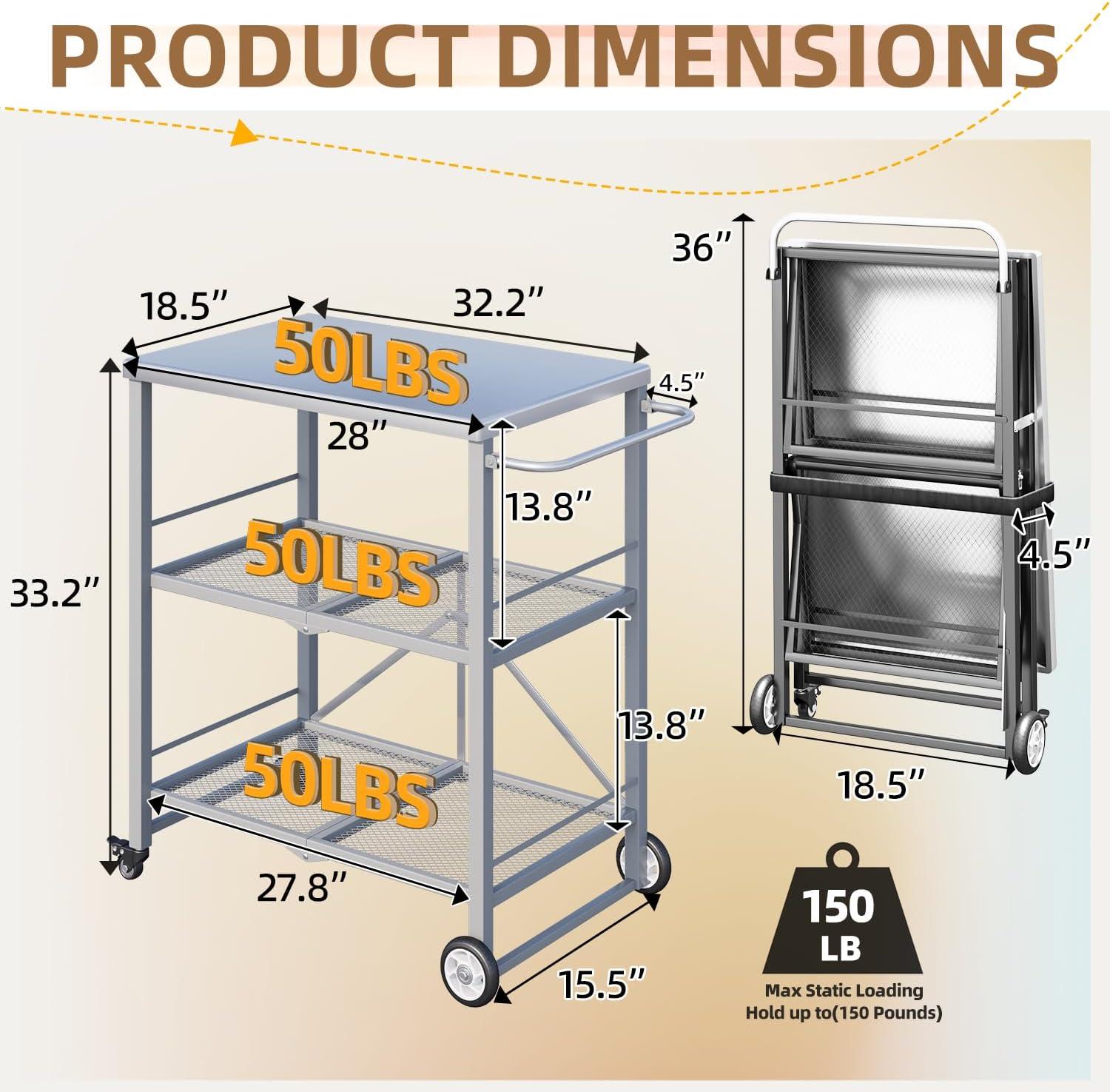 AECOJOY Outdoor Grill Table, Stainless Steel Pizza Oven Stand 3-Tier Folding BBQ Prep Table with Casters, Portable Kitchen Island for Apartment, Studio & Backyard Cooking, Gray
