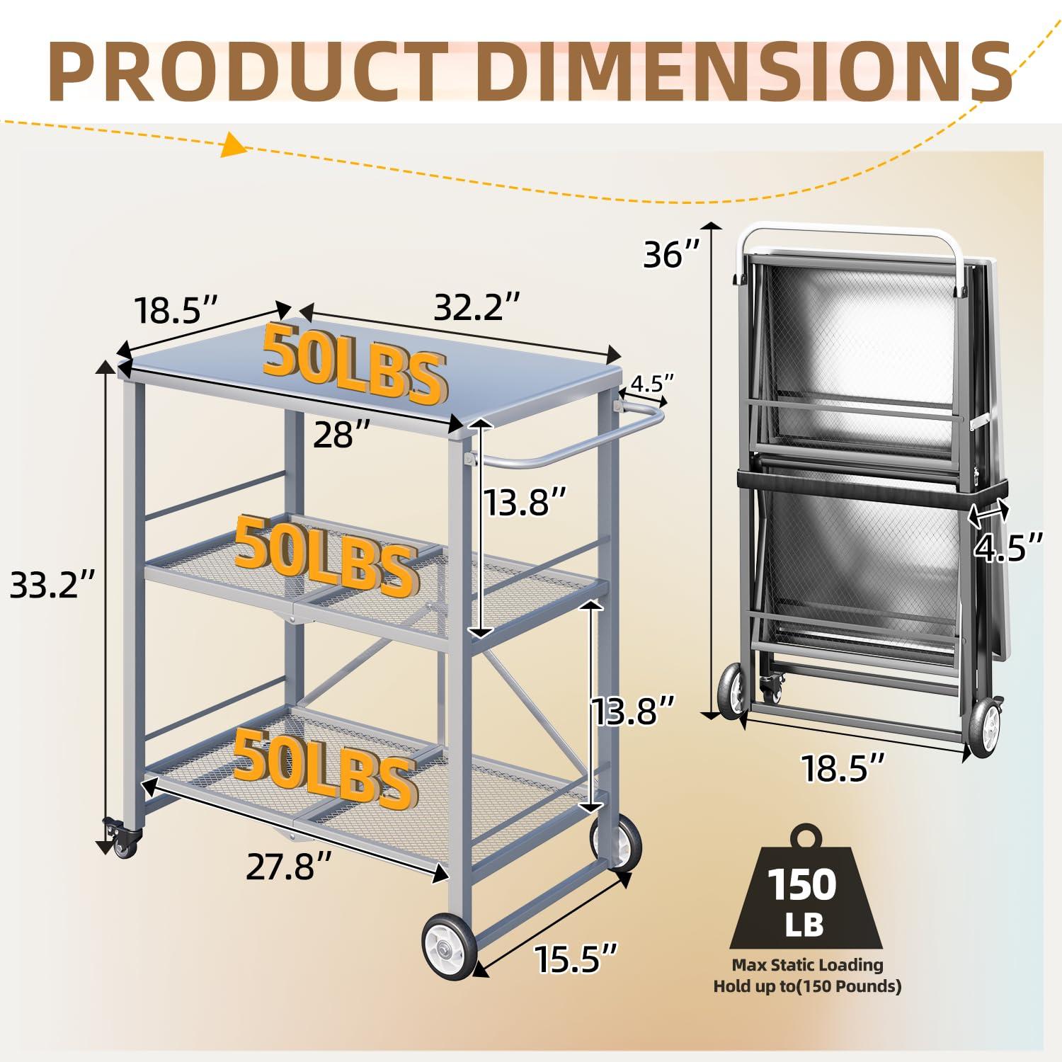 AECOJOY Outdoor Grill Table, Stainless Steel Pizza Oven Stand 3-Tier Folding BBQ Prep Table with Casters, Portable Kitchen Island for Apartment, Studio & Backyard Cooking, Gray