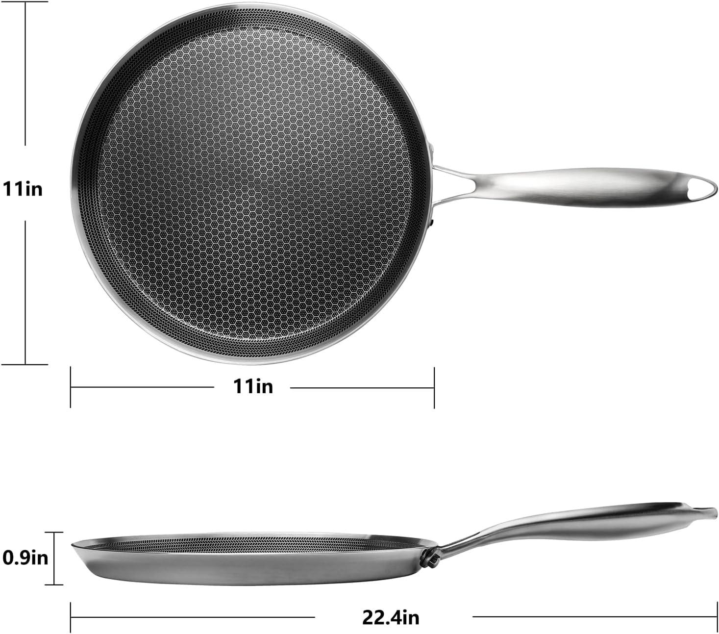 Innerwell 11'' Stainless Stee Nonstick Crepe Panl Honeycomb Coating Flat Skillet Tawa Dosa Tortilla Pan PFOA-Free,Omelet Pan with All Stove Tops Available