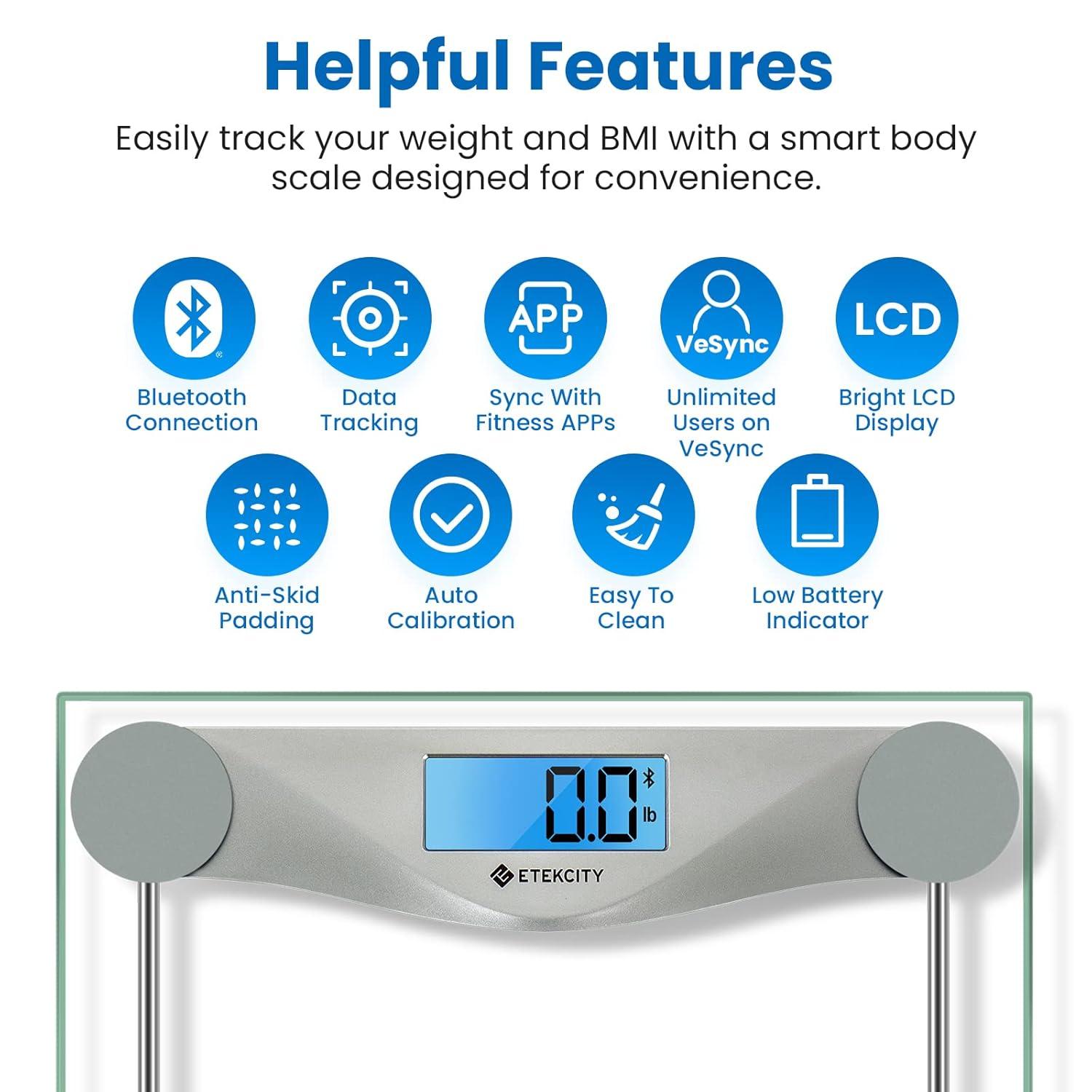 Etekcity Bluetooth Digital Bathroom Scale with Blue LCD Display