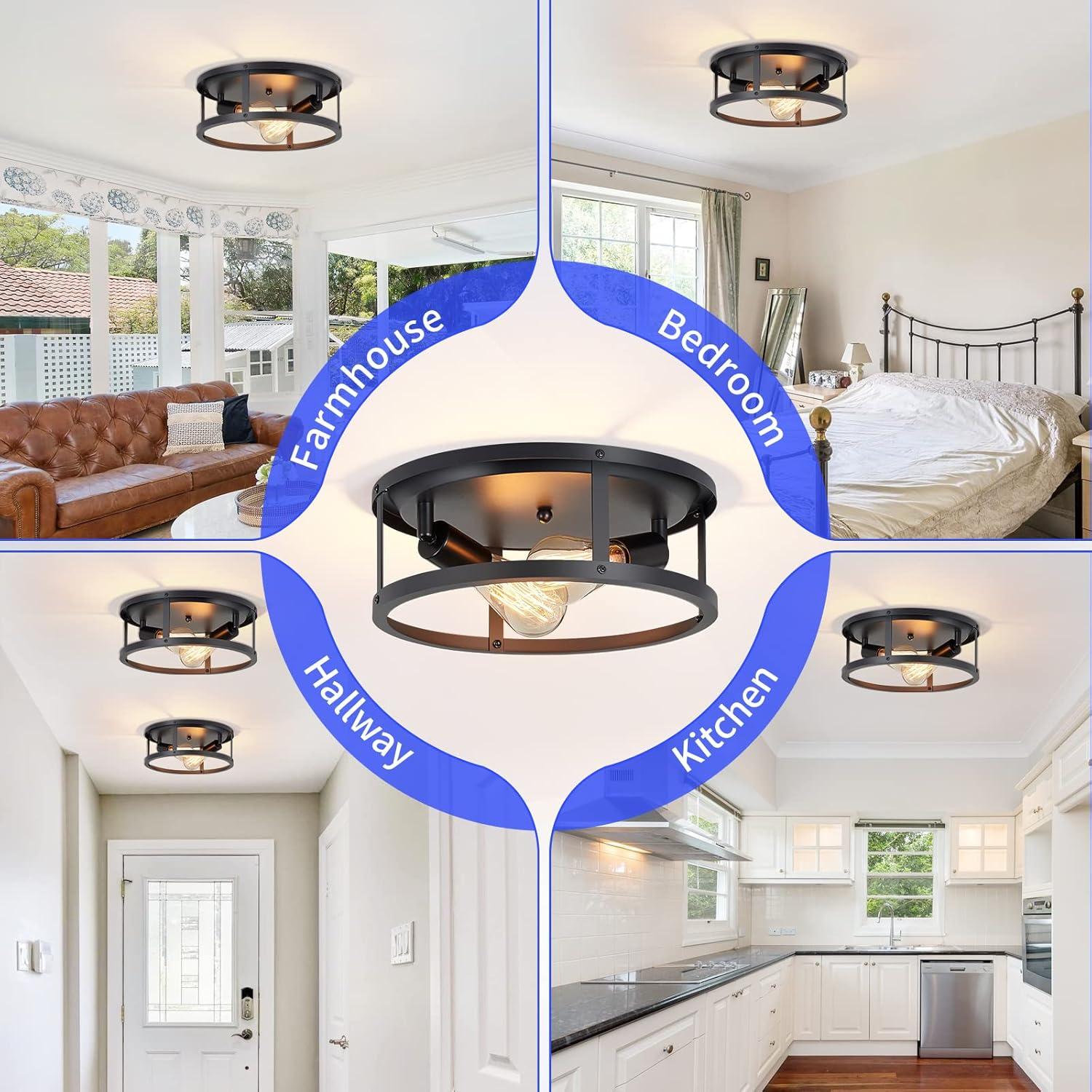 2 Pack Black Farmhouse Flush Mount Ceiling Light,2-Light Rustic Hallway Lighting Fixtures,Industrial Light Fixtures Ceiling Mount for Kitchen Hall Entry Bedroom Closet