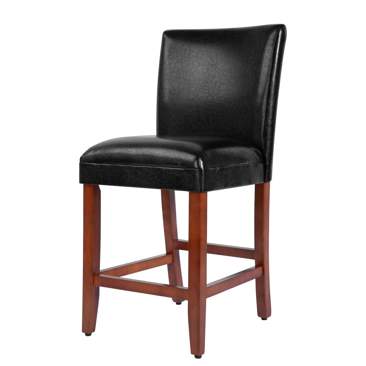 24" Faux Leather Luxury Counter Height Barstool Black - HomePop: Rubberwood Legs, Padded Back
