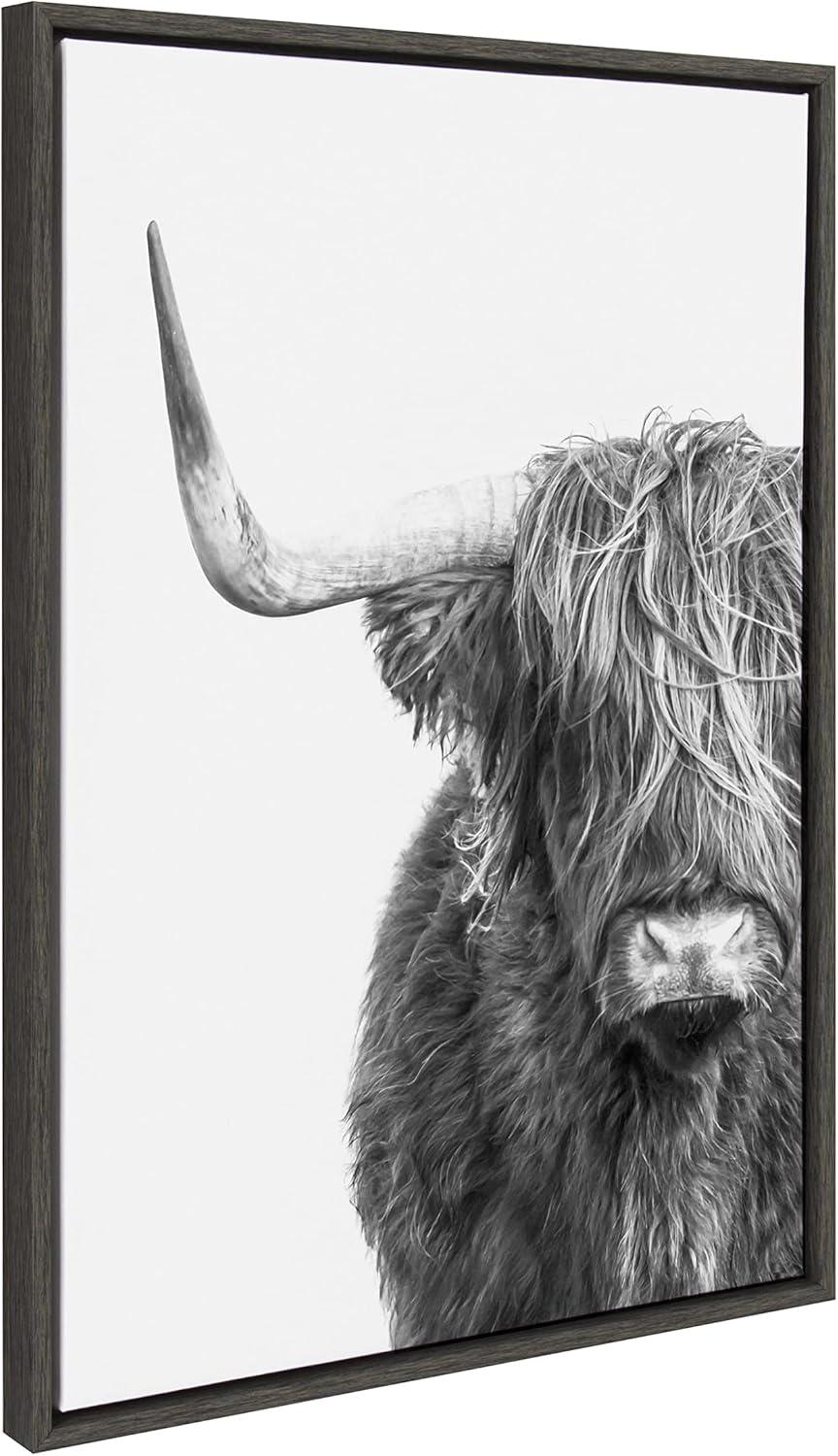 Kate and Laurel Sylvie BW highland Cow No. 1 Framed Canvas Wall Art by Amy Peterson Art Studio, 23x33 Gray, Rustic Animal Wall Decor for Wall