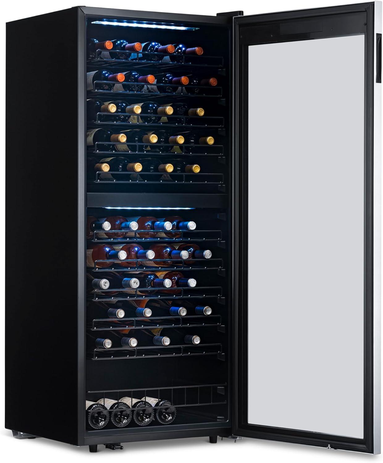 98-Bottle Black and Silver Dual Zone Wine Cooler with Glass Door