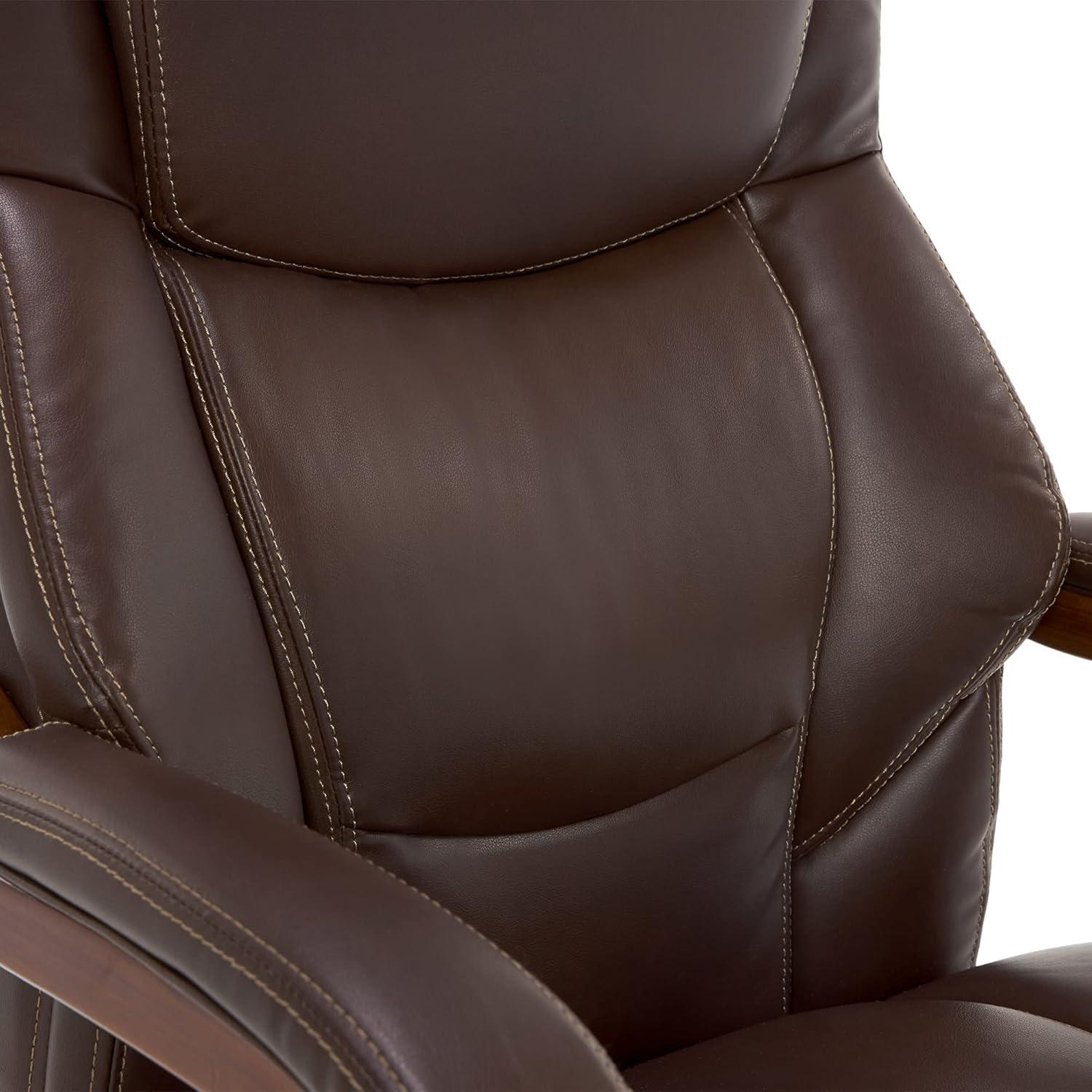 La-Z-Boy La-Z-Boy Delano Big & Tall Executive Office Chair, Ergonomic Mid-Back with Body Pillow Lumbar Support, ComfortCore® with Memory Foam Cushion, Mahogany Wood Arms and Swivel Base, Bonded Leather