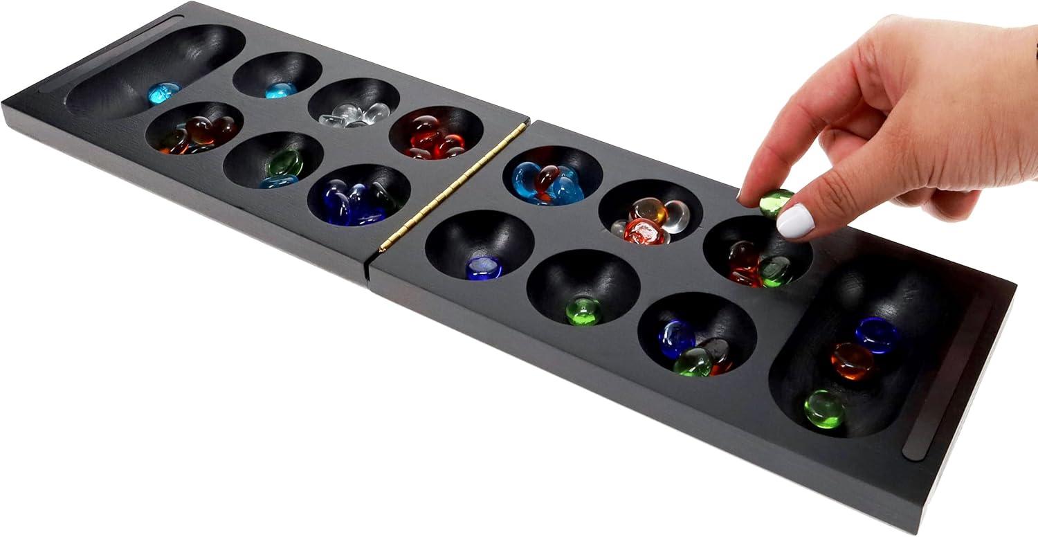 WE Games Folding Mancala - Solid Wood Board & Glass Stones