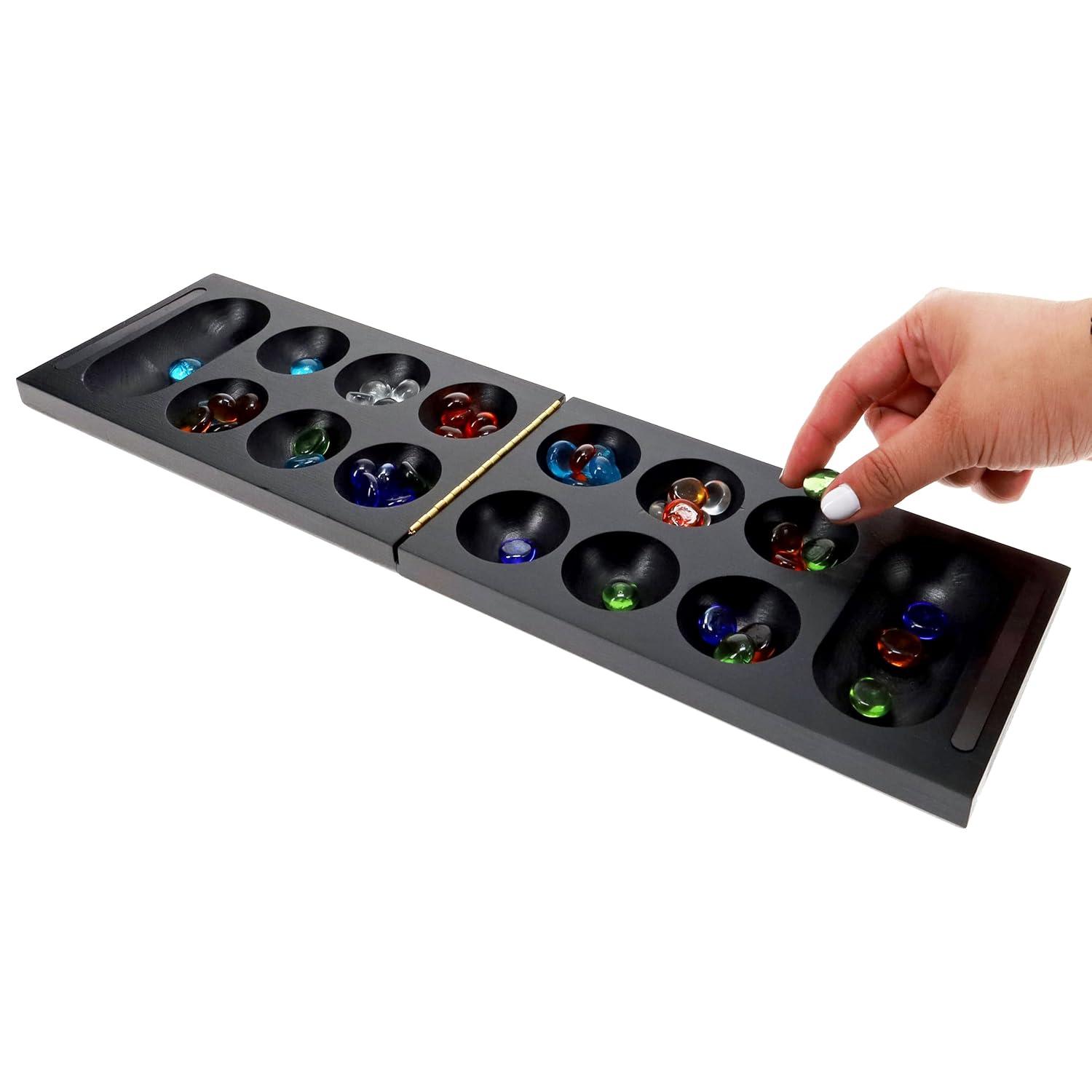 WE Games Folding Mancala - Solid Wood Board & Glass Stones