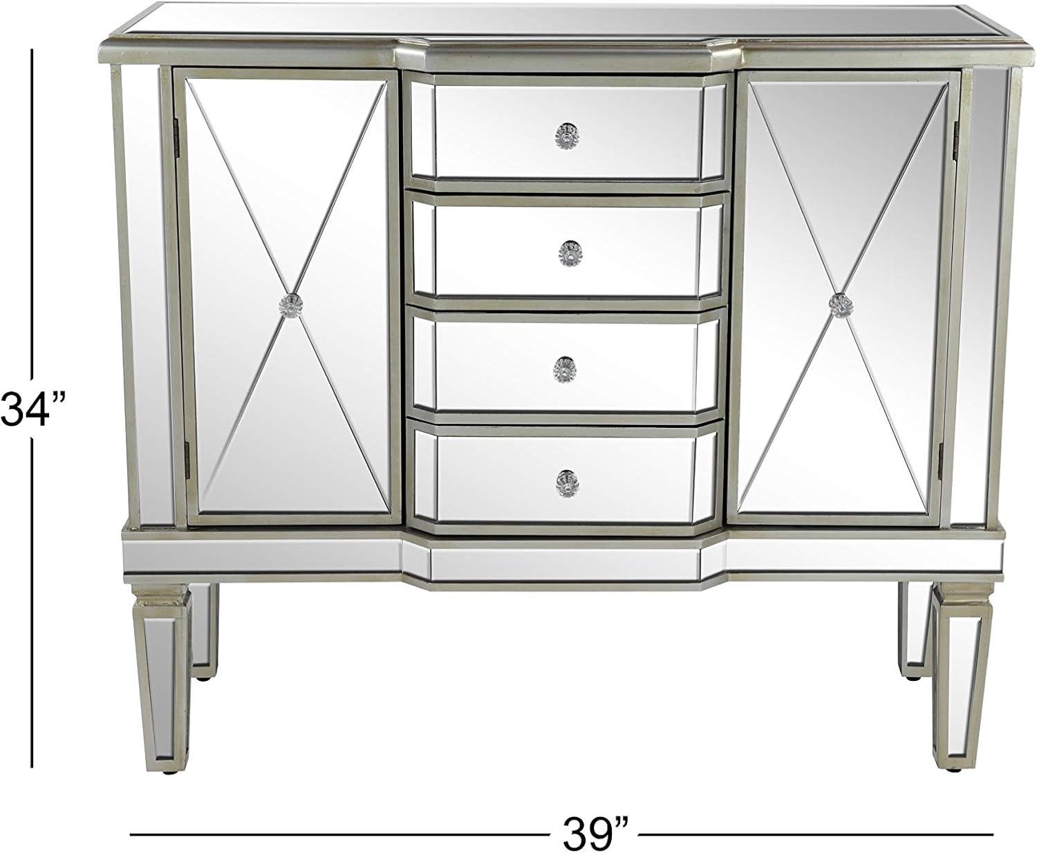 DecMode 39" x 34" Silver Wood Mirrored Panel 4 Drawers 2 Shelves and 2 Doors Buffet with Acrylic Knob Handles, 1-Piece