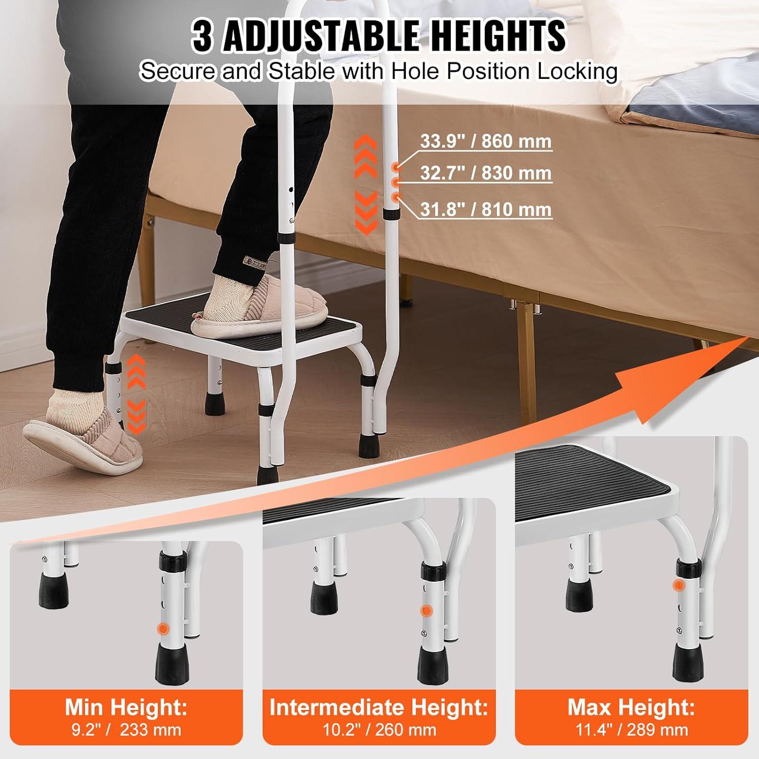 HCY Step Stool 1-Step 330lbs Capacity, 3 Adjustable Height with Handle Steel Step Ladder, Portable Toddler Step Stools for Adults, Non-Slip Sturdy Step Ladders for Office, RVs, Pets