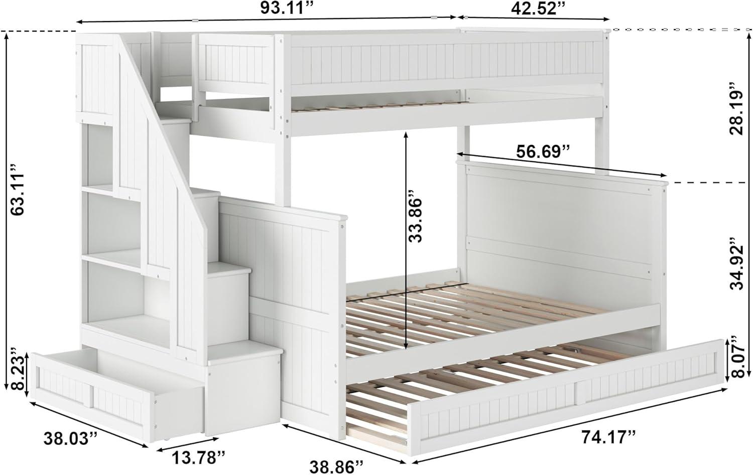 Dover Twin over Full Wood Staircase Bunk Bed with Drawer & Trundle in White