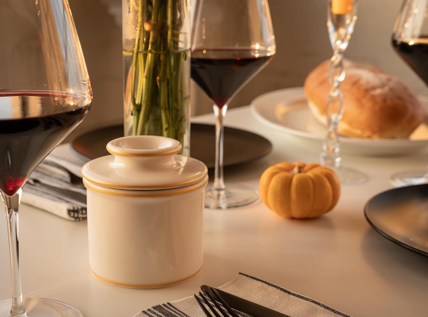 The Original Butter Bell® Crock By L. Tremain - French Butter Crock For Spreadable Soft Butter, Ceramic Butter Keeper for Counter, White with Gold Trim Butter Holder, 1 Piece, 3.94 x 3.94 x 4.14