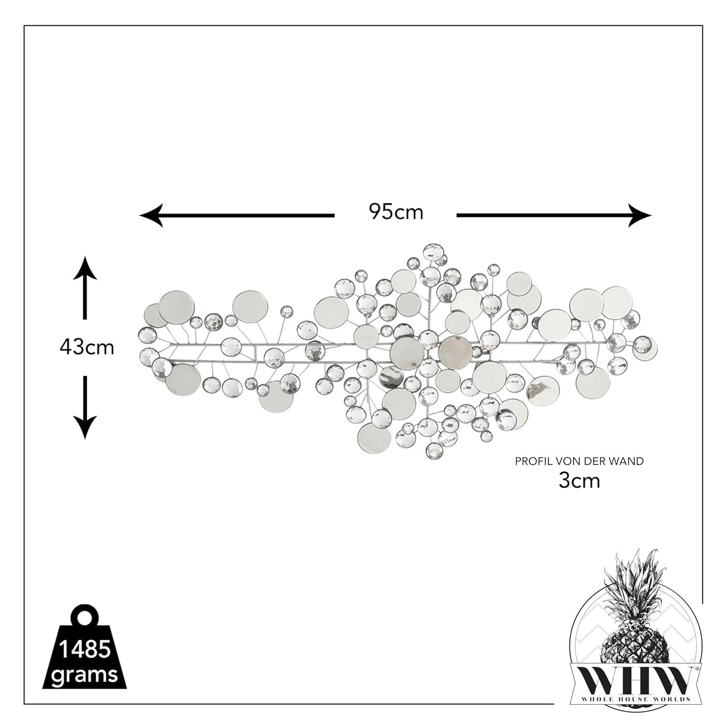 Modernist Floating Circles, Abstract Metal Wall Art, Artisan Crafted, Roundels of Silver, Mirrors, Faux Multi Carat Diamonds, Iron, Over 3 Ft Long, Hangers on Back