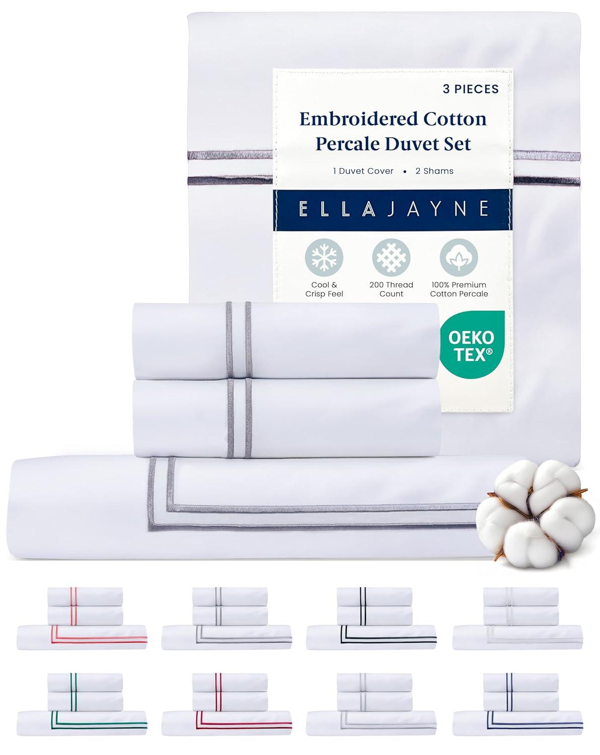 Ella Jayne 100% Cotton Percale 3 Piece Duvet Set, King, Stone, White with Stone Satin Stitching