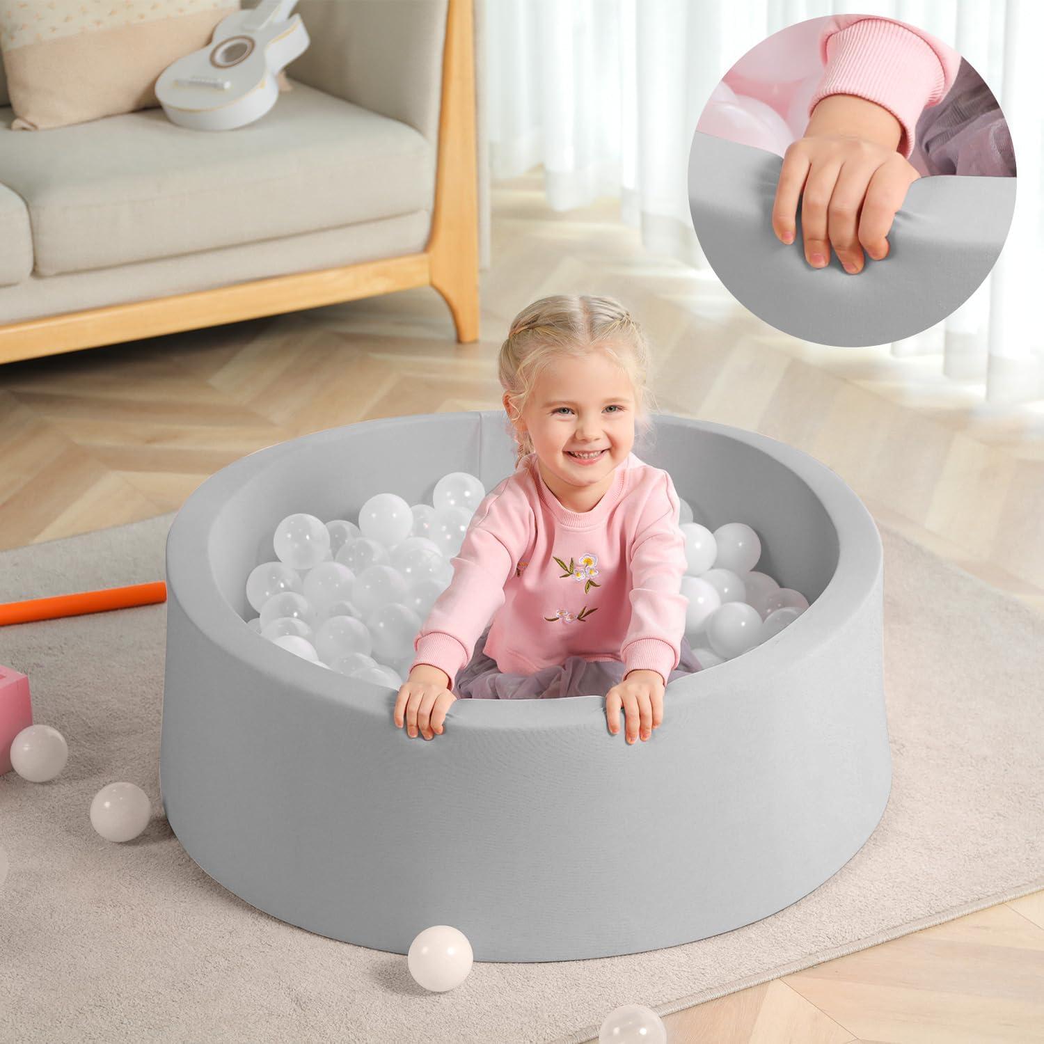 TrendBox Foam Ball Pit for Toddler, 35" x 12" Memory Sponge with Removable Cover Indoor Round Ball Pit for Kids Children - Light Gray