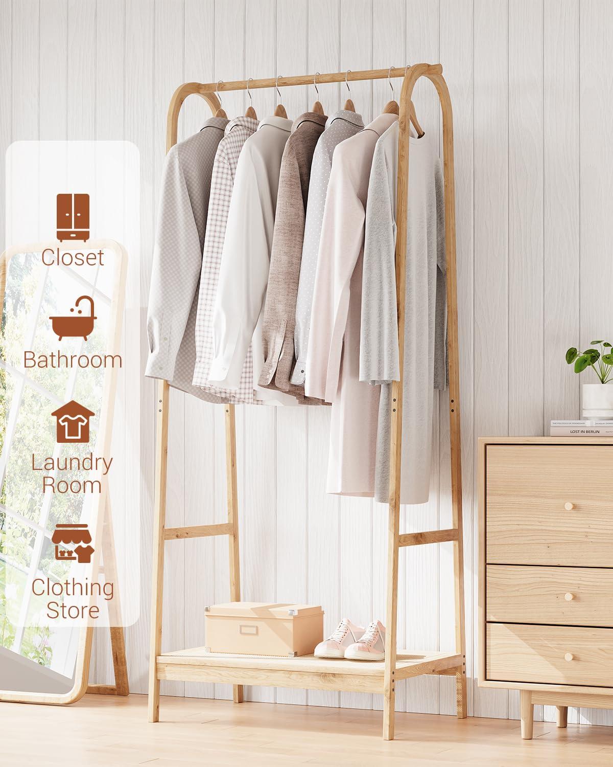 Garvee Bamboo Freestanding Garment Rack, Clothing Rack with Storage Shelf for Bedroom, Balcony, Clothes Store, Clothing Storage Organizer, Natural