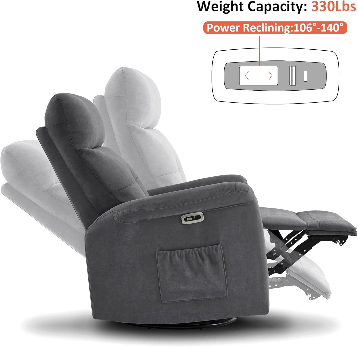 MCombo Fabric Power Recliner, Electric Swivel Glider Rocker Recliner Chair for Nursery with USB Ports, Side Pockets for Living Room, Small Space 7763