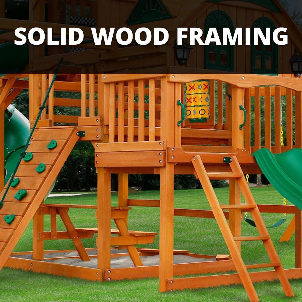 Gorilla Playsets Empire Wooden Swing Set with 2 Solar Wall Lights, Monkey Bars, and 3 Slides