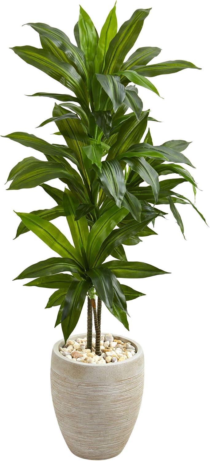 Nearly Natural 4-ft Artificial Dracaena Plant in Sand Colored Planter (Real Touch)