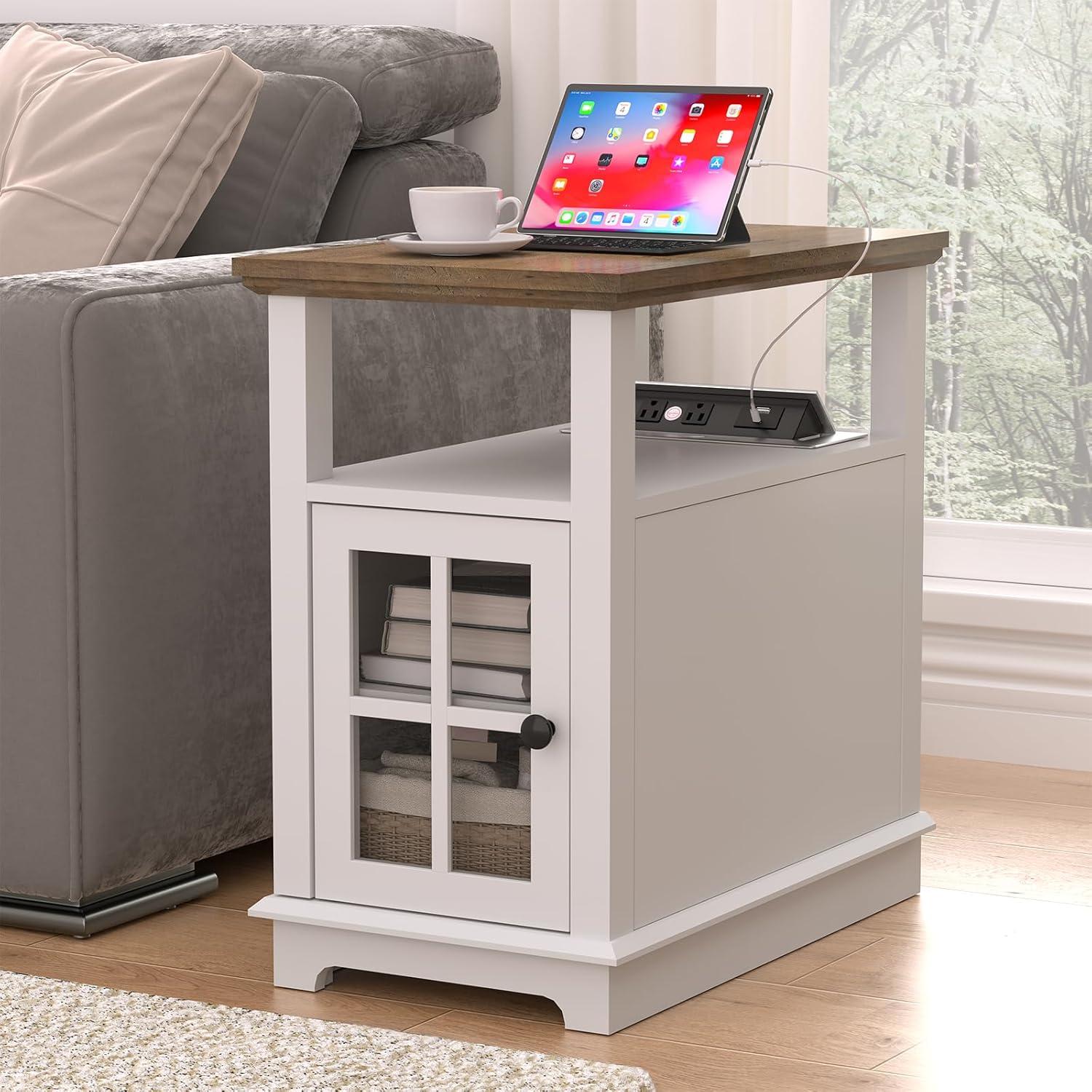 HOMCOM Side Table with Charging Station, Narrow End Table with USB Ports and Outlets, Hidden Storage and Open Shelf for Living Room