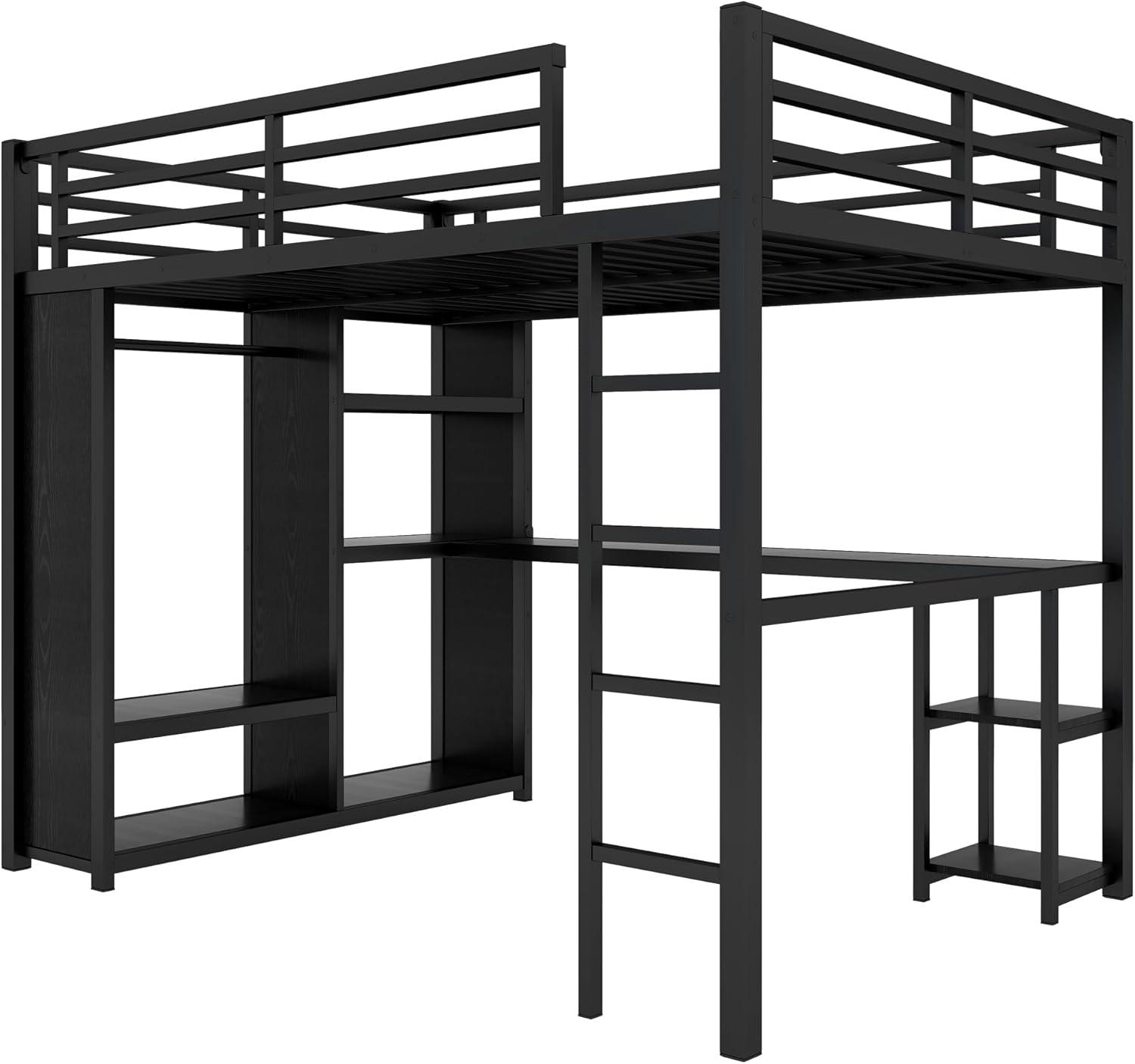 Bellemave Queen Size Loft Bed with Desk and Wardrobe Metal Loft Bed with Storage Shelves Loft Bed Frame with Guardrails for Kids, Teens, No Box Spring Needed (Queen, Black)